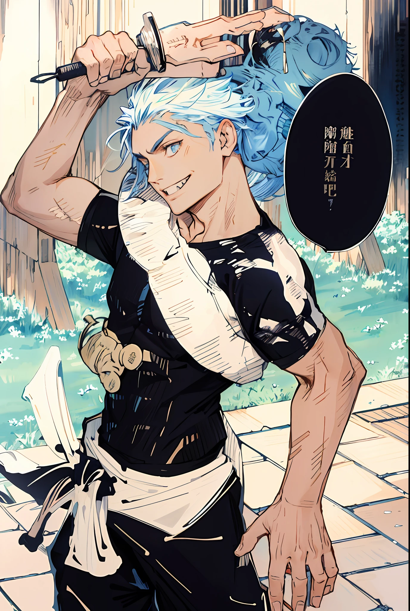 HighestQuali,iwhite colored hair,Blue eyes,Bright eyes,comic page, tanjiro kamado, most strongest pose, coloured manga scan, Handsome guys in Demon Slayer Art, with index finger