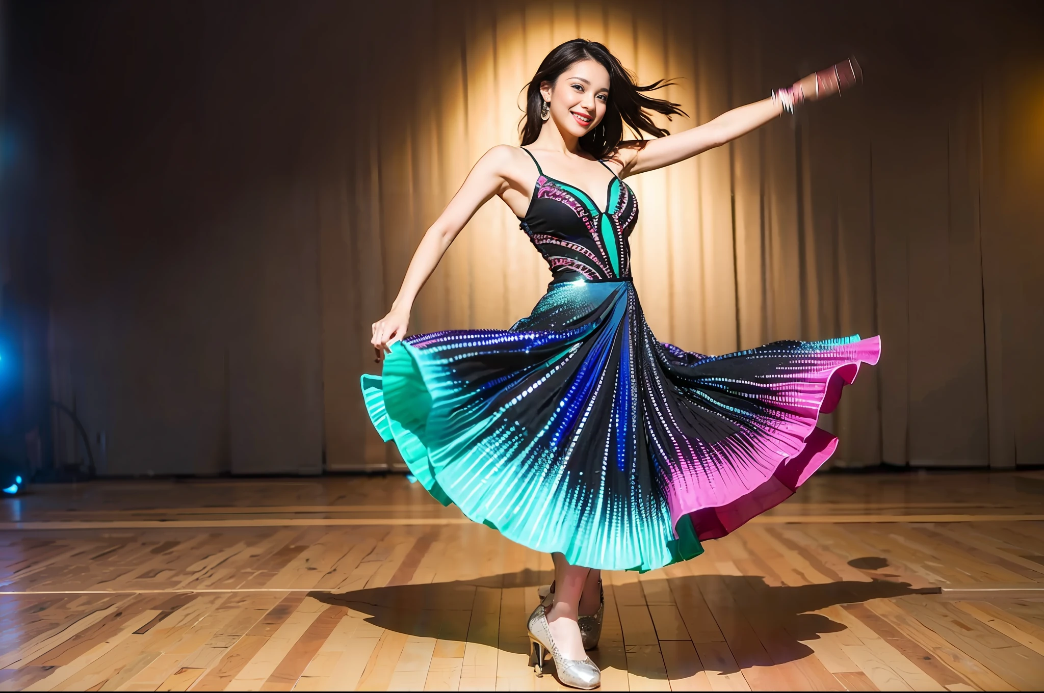 Salsa Dancer, (pretty young woman:1.1) with glossy dark hair, deep brown eyes, sun-kissed skin, wearing a vibrant (dance dress:1.2) with dance shoes, (maracas:1.1). She dances in a lively music club, with lively music, a colorful dance floor, and an excited crowd watching the expressive dance.