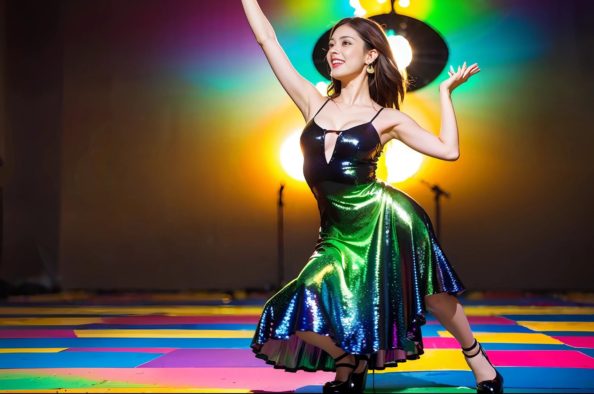 Salsa Dancer, (pretty young woman:1.1) with glossy dark hair, deep brown eyes, sun-kissed skin, wearing a vibrant (dance dress:1.2) with dance shoes, (maracas:1.1). She dances in a lively music club, with lively music, a colorful dance floor, and an excited crowd watching the expressive dance.