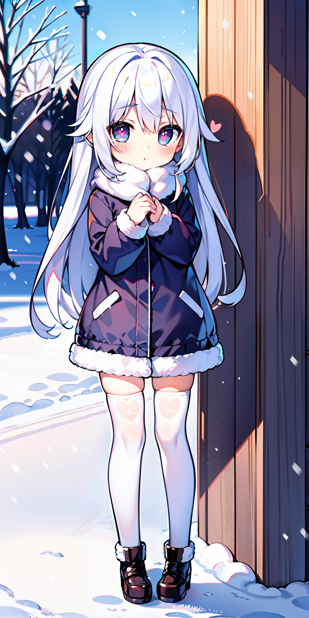 Loli, long hair, cute, heart-shaped pupils, solo, white hair, blush, winter, snow, outdoors, white stockings, standing