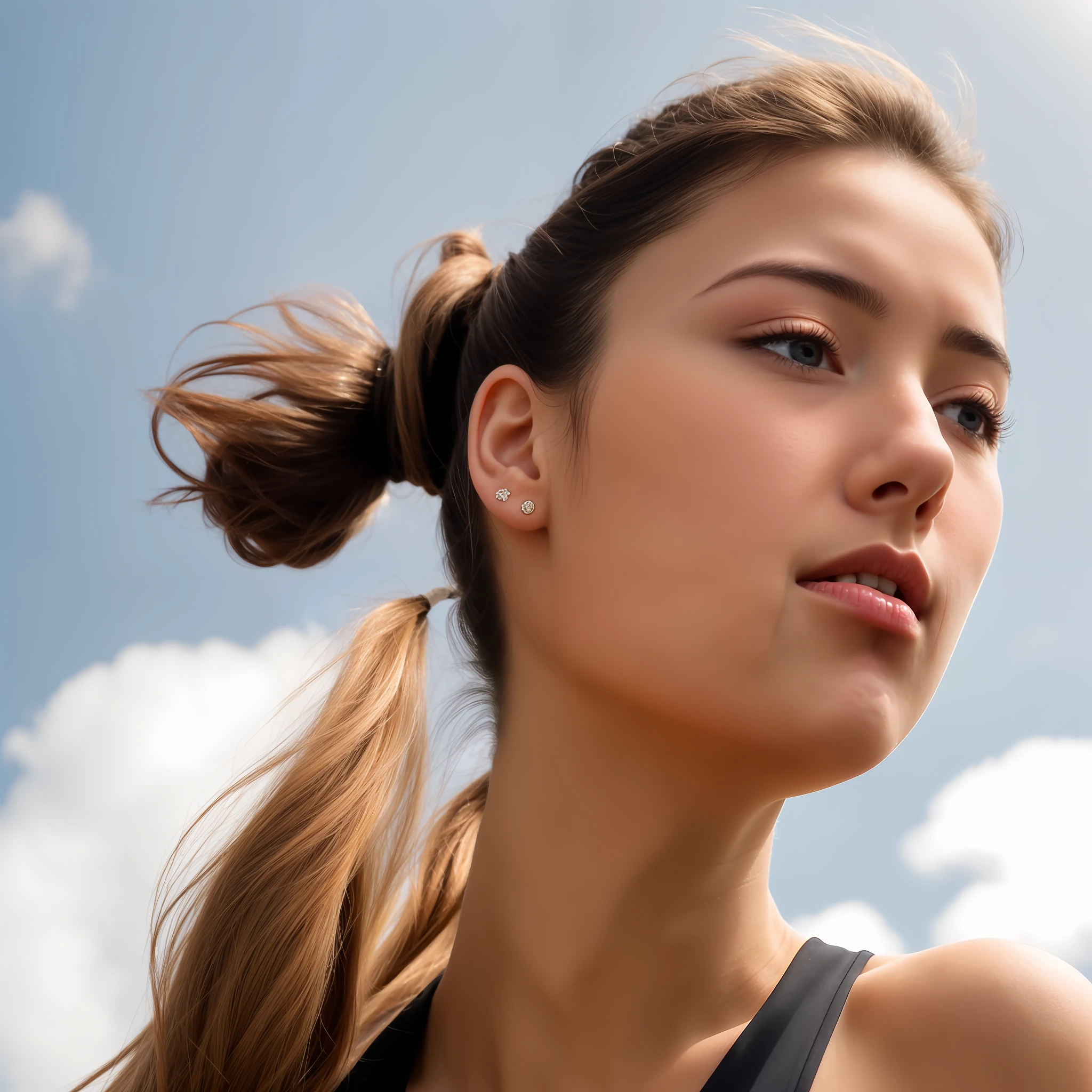 nostrils of 20 y.o. female, face looking up at the sky, closeup, ponytail hair, tanned