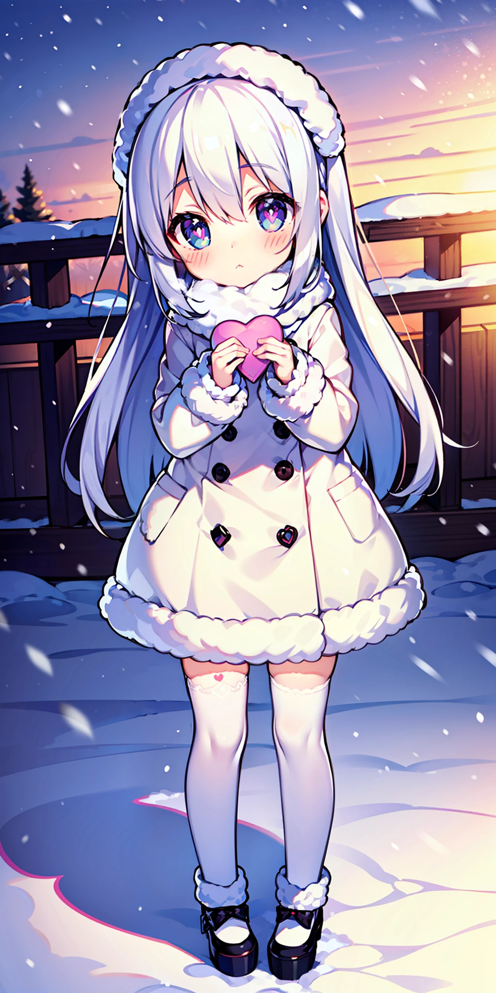 , long hair, cute, heart-shaped pupils, solo, white hair, blush, winter, snow, outdoors, white stockings, standing
