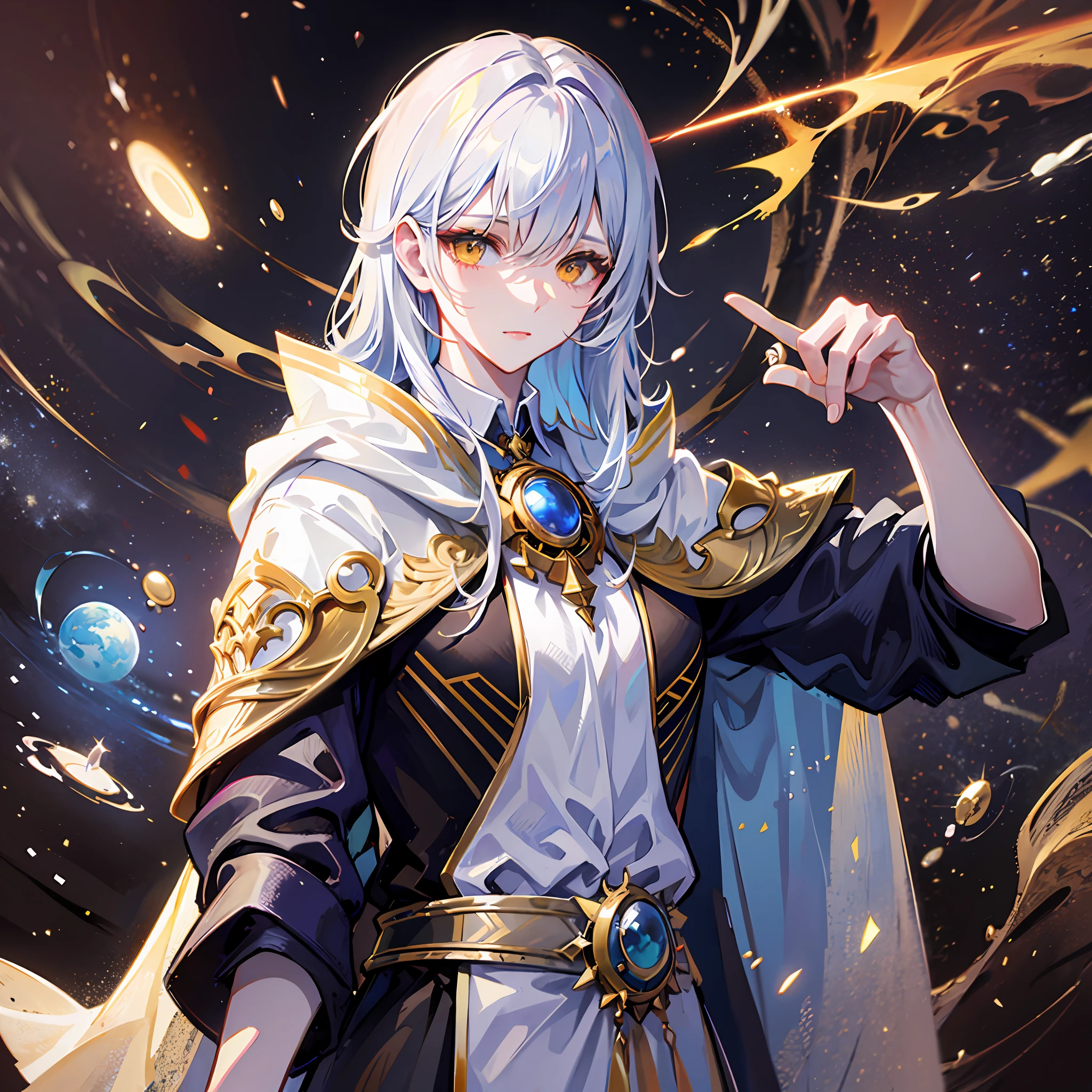 Silver lush hair，Pale yellow eyes，Libido boy，(White simple robe)God of the space，Space elements，Eyes gaze，Pay attention to detail，HighestQuali，Handsome