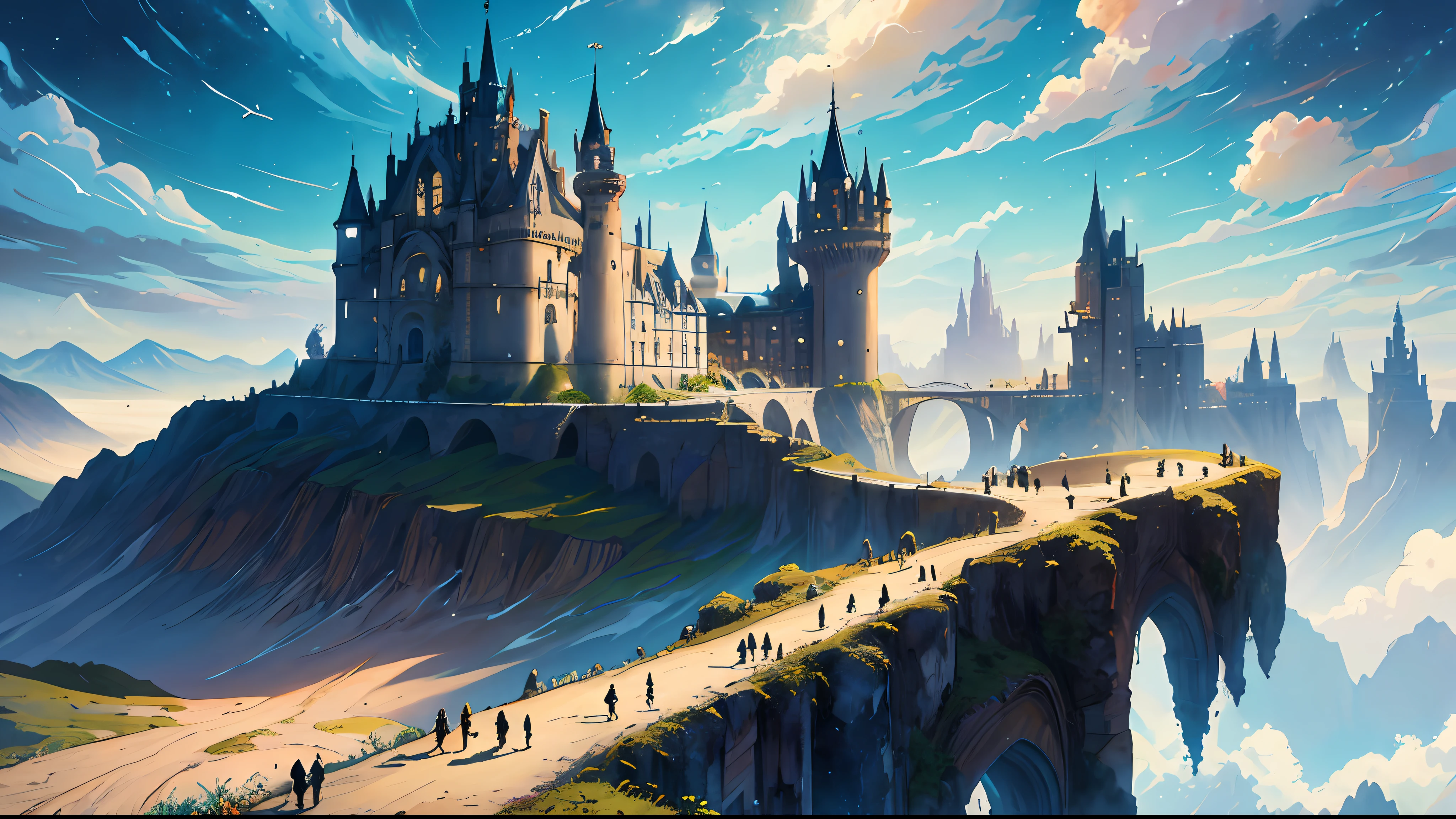Uma obra prima de arte digital, criada por um artista talentoso do Artstation, which shows a fantastic landscape of a magical world, com montanhas flutuantes, cachoeiras coloridas, Glittering castles and winged creatures flying through the sky. The image is rich in details, cores e efeitos de luz,