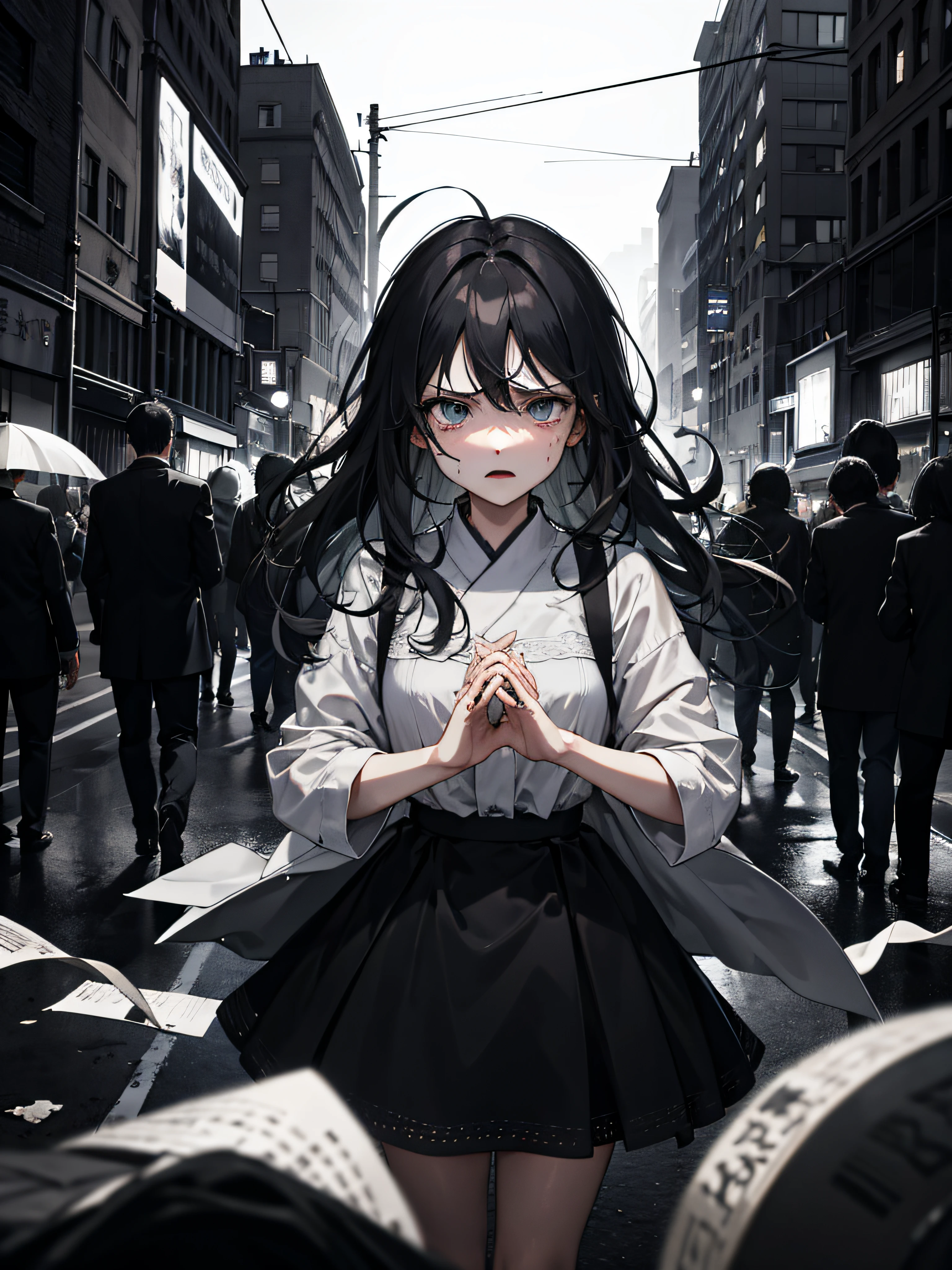 （nmasterpiece，最佳质量，ExquisiteDetail）， 1girls，weeping，nigth，Opposite camera，Hands angry，Late night street in the background，Black crowd，heavy wind，eerie atmosphere，Chaotic crowds