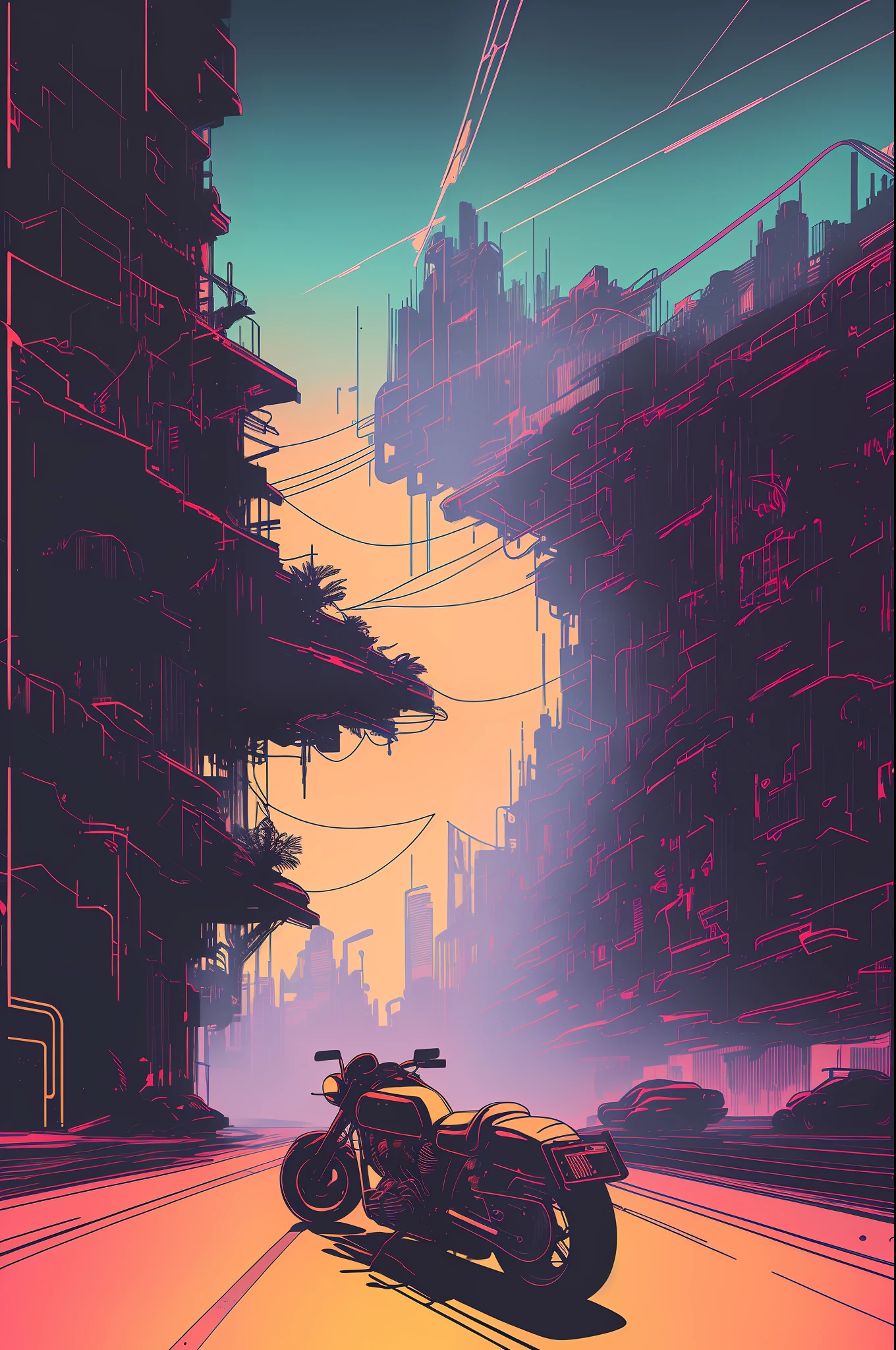 (nvinkpunk:1.2) snthwve style motorcycle, light wave, sunset, intricate, very detailed