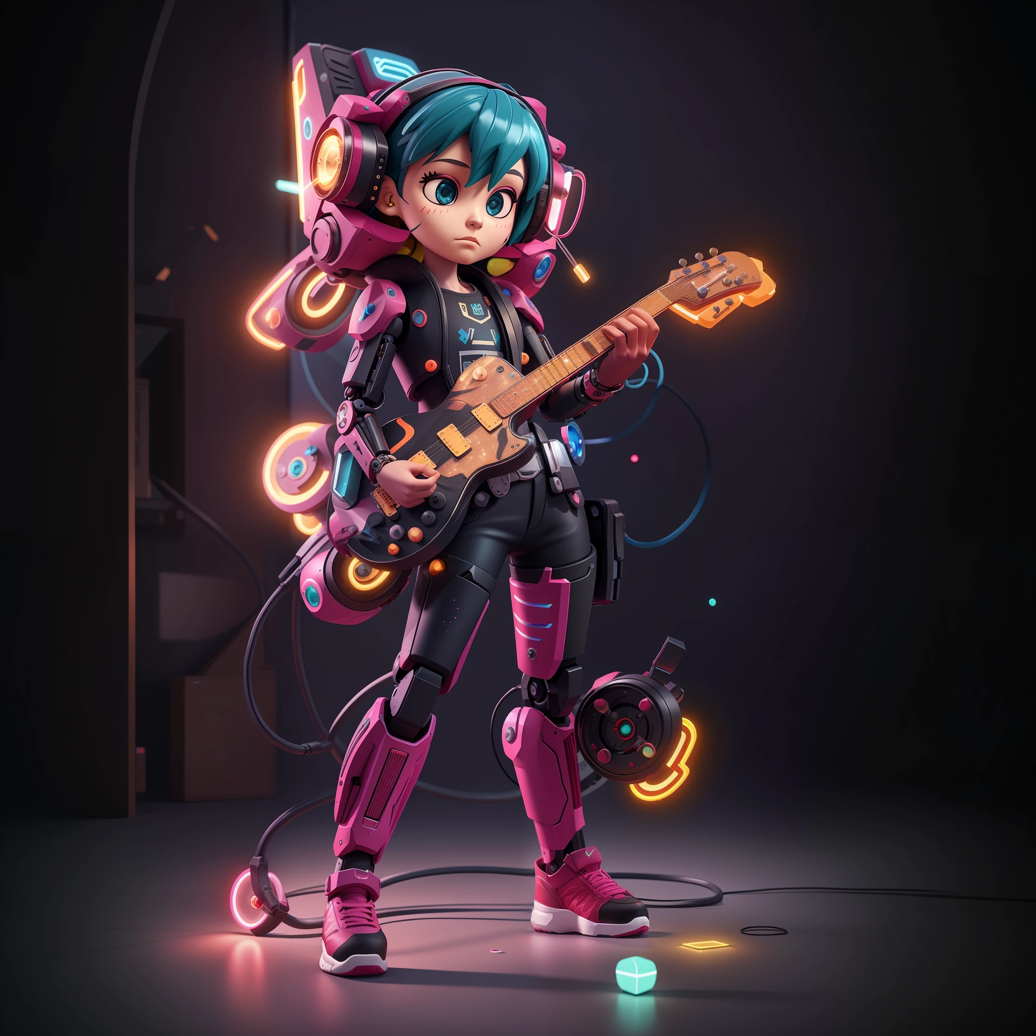 mechanical cyborg, chibi girl, playing guitar, resin mockup, intricate details, looking at viewer, bored pose, full body, black background, super trendy, with colorful hair, bored face, robotic arms, holding black mecha weapons, wearing black bulletproof jacket and functional shoes nike red black, light neon lines on jacket shorts and shoes, fine glitter, clay material, popmart style, cyberpunk, ip by popmart, blind box mockup, studio light, view front, 3d rendering, c4d, octane rendering, blender, hyper quality, ultra hd, ultra high details, 8k,