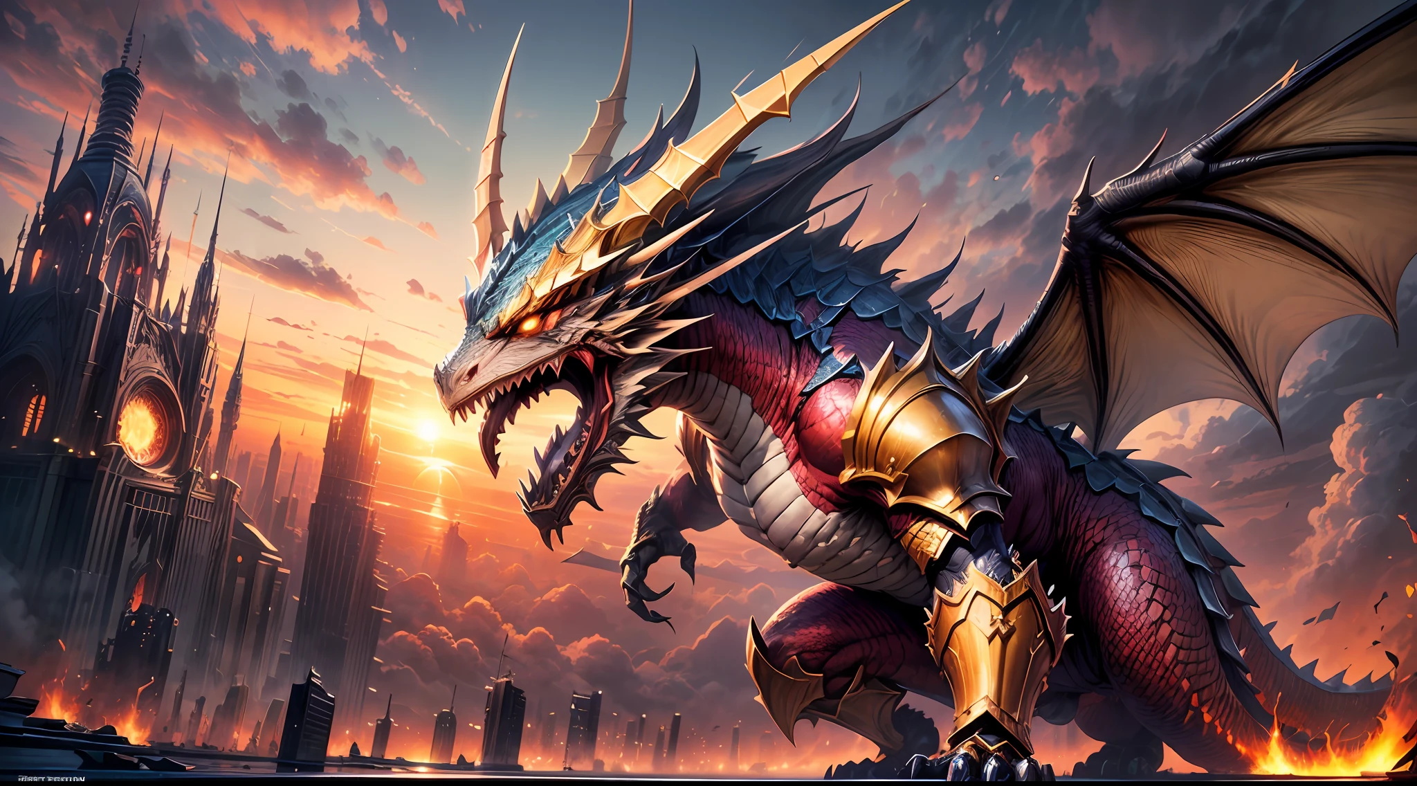 "(Strong: 1.2, Dragon Knight with Crown and Golden Armor, Wielding Sword),(Flame Dragon Wing: 1.3), (Mechanical City: 1.2, Sunset with Beautiful Sky), (Magnificent and Bleak Sunset highlighting intricate Mechanical City Details: 0.8)"