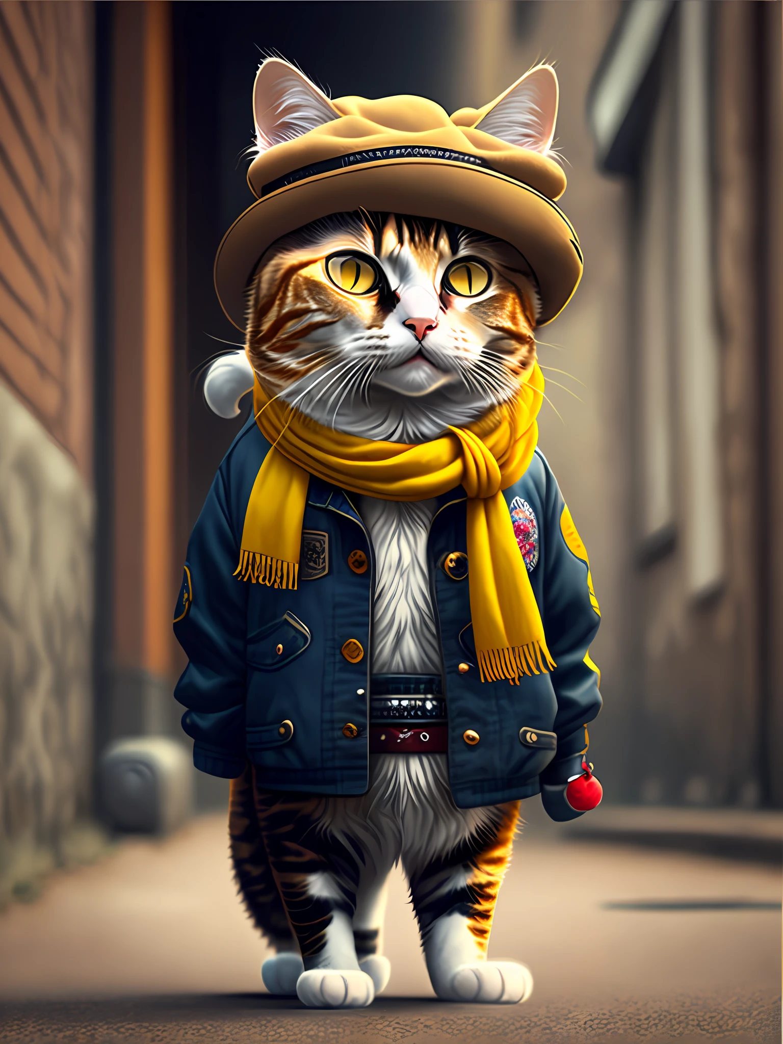 picture of a pale yellow cat in a hat and scarf, art station trend, dressed in punk clothes, hyper realistic detailed rendering, british gang member, urban style, intimidating pose, planet of cats, fashion clothes, urban samurai, meow, west slavic traits, 8 1 5