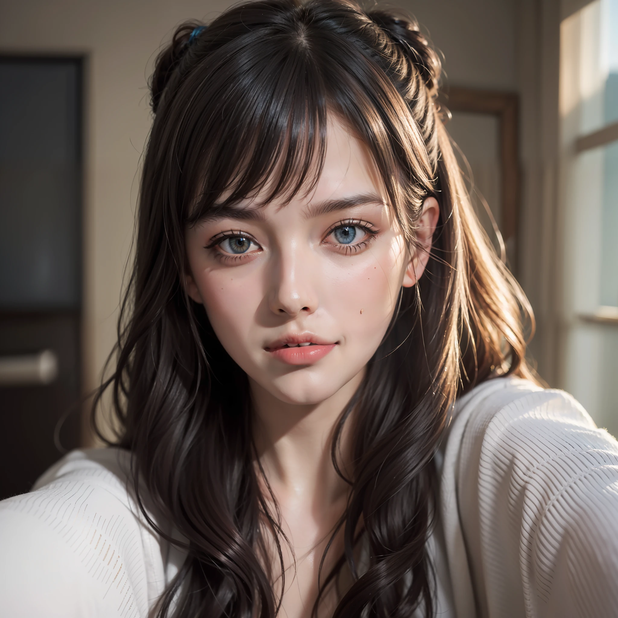 8K, Best Quality, Masterpiece, Ultra High Resolution, (Realism: 1.4), Original Photo, (Realistic Skin Texture: 1.3), (Film Grain: 1.3), (Selfie Angle),1 Girl, Beautiful Eyes and Face Details, Masterpiece, Best Quality, Close-up, Upper Body, Looking at the Viewer