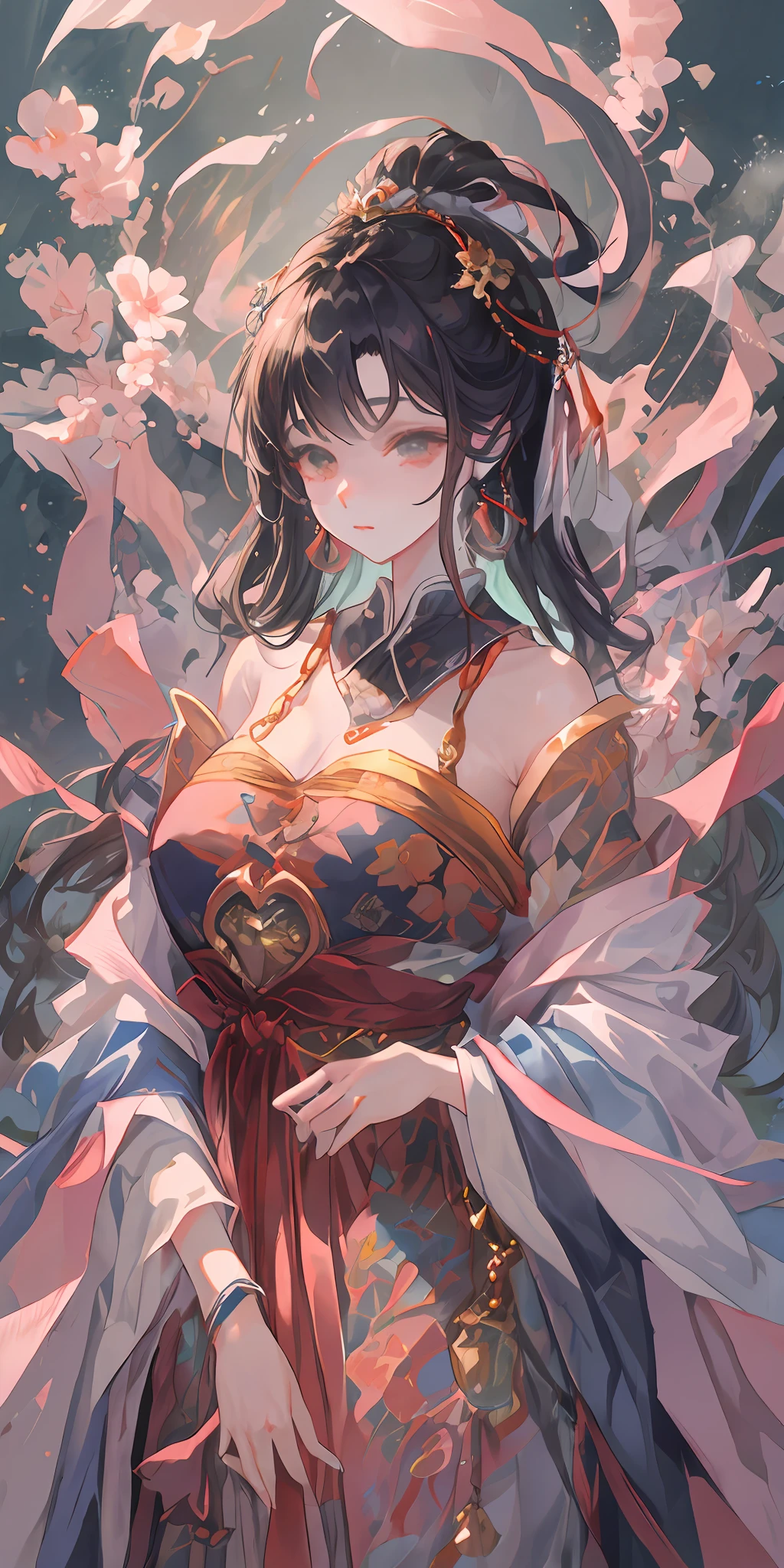 A beautiful girl in ancient China, aloof temperament, rose red long dress, huge plum blossoms, standing under a tree, sunshine, clear face, masterpiece, super detailed, epic composition, high quality, highest quality, 4k --v 6