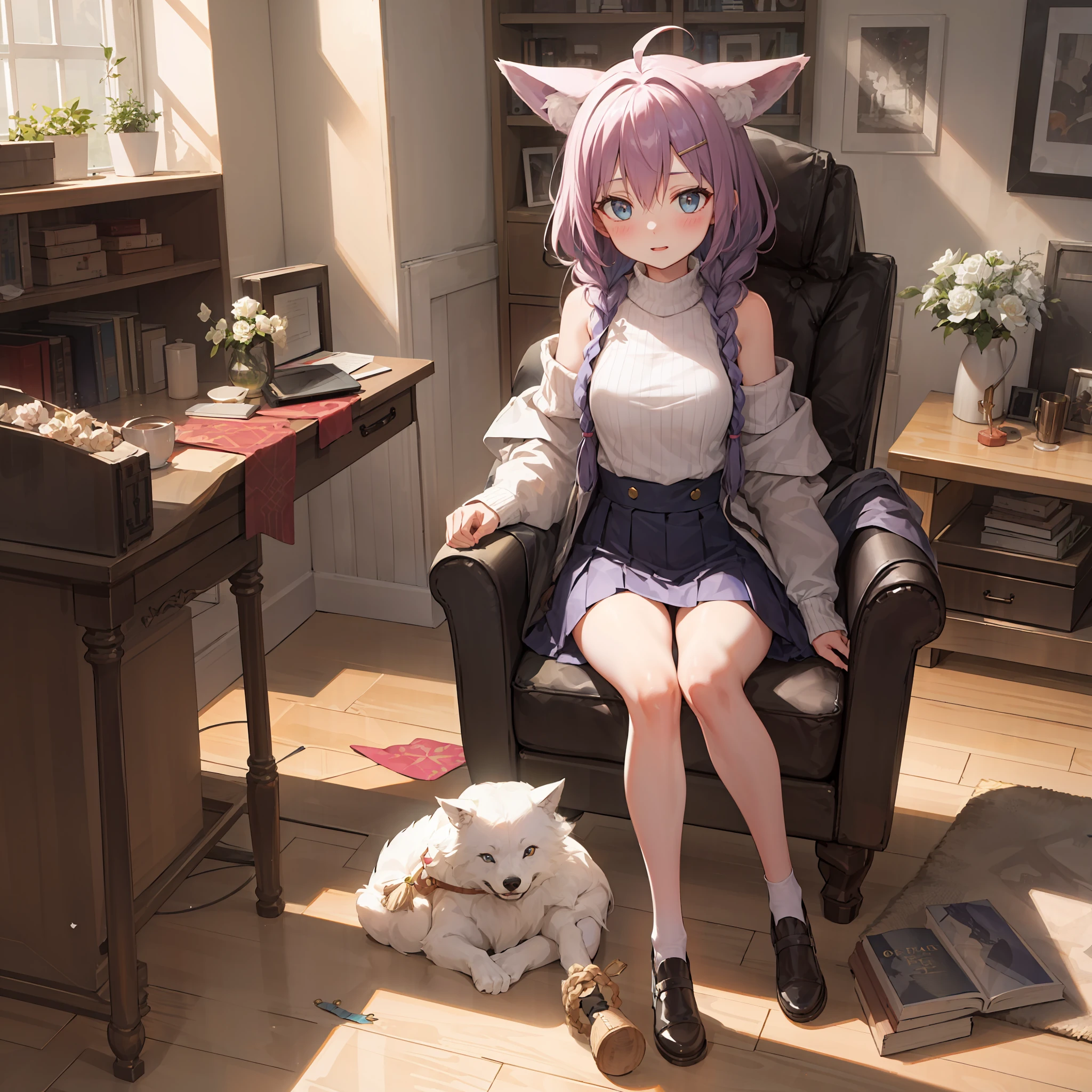 ((masterpiece,best quality,detailed)), 4k,8k,higres, 2girl, elaina, majo no tabitabi, Gray-purple hair, ahoge, Long hair, Twist braids, blue eyed, chemise, sweater,Wolf ears,Fluffy wolf tail,towns, buildings, casa,fresh flowers,butterflies,Sun'rays,The sun is mottled,
