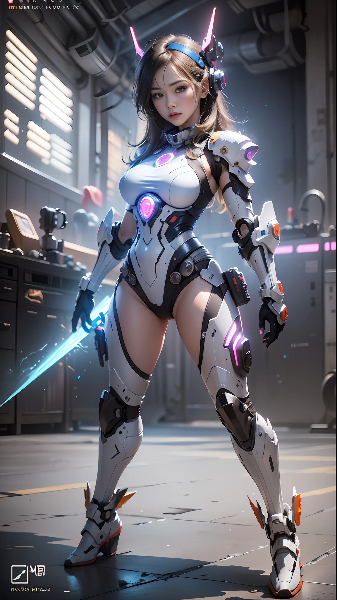 （（最佳质量））， （（nmasterpiece））， （intensely detailed： 1.3）， 3D，galactic cybernetic mask,Ikaruvarkyri mecha， Beautiful cyberpunk woman， Chef-style armor， Movie poster composition，Sci-fi technology， hdr（High dynamic range）， raytraced， NVIDIA RTX， hyper resolution， illusory 5， sub-surface Scattering， PBR textures， Post-processing， Anisotropic filtration， deep of field， Maximum sharpness and acutance， multi-layer texture， Specular and albedo maps， Surface Coloring， Accurate simulation of light-material interactions， perfectly proportioned，octane rendered，duotone lighting，Low ISO，White balance，trichotomy，Large aperture，8K raw data，high efficiency subpixels，sub-pixel convolution，light particules，Light scattering，tyndalleffect，Very sexy，A full body，Fighting posture，