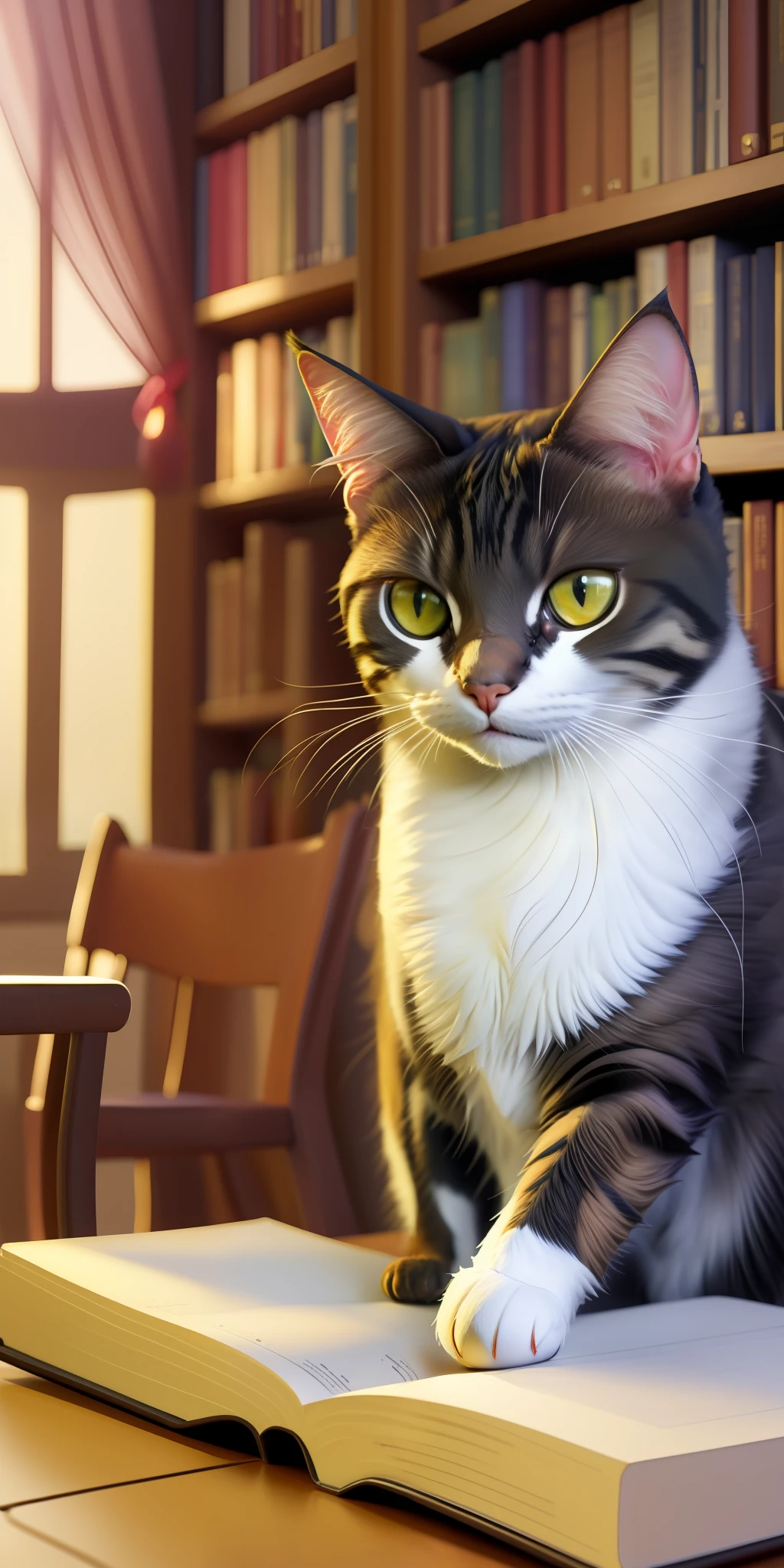 there is a cat sitting on a table in front of a book, arte digital detalhada bonito, painting digital adorable, warrior cats fan art, Gato Anime Realista, retrato do livro do RPG, Gato Anime, arte de fantasia peluda, bela arte digital, gatos guerreiros, Gato. Pintura digital, fantasy book illustration, warrior cats book series, MAGIC LIBRARY, realistic fantasy illustration, fanart detalhado