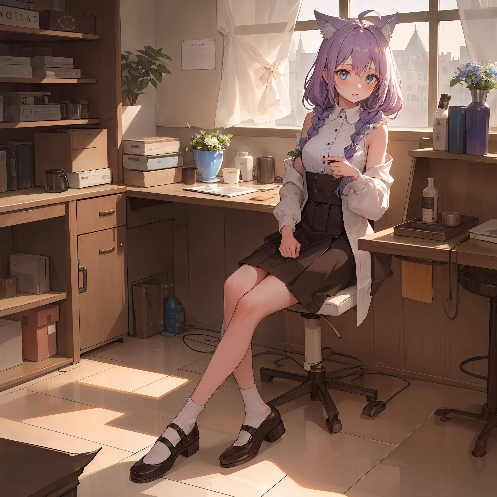 ((masterpiece,best quality,detailed)), 4k,8k,higres, 2girl, elaina, majo no tabitabi, Gray-purple hair, ahoge, Long hair, Twist braids, blue eyed, chemise, sweater,Wolf ears,Fluffy wolf tail,towns, buildings, casa,fresh flowers,butterflies,Sun'rays,The sun is mottled,
