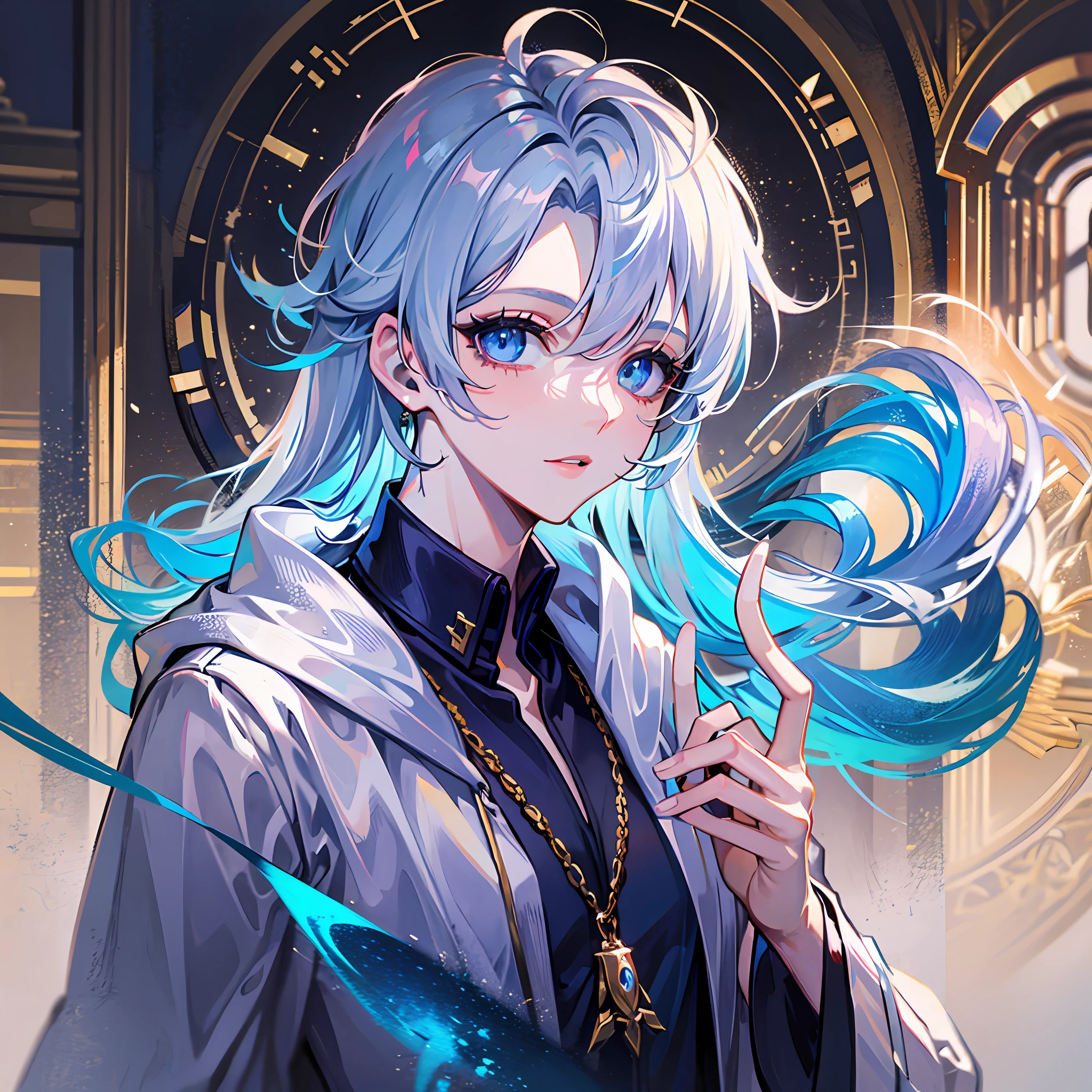 Blue-silver lush hair，Blue eyes，younge boy，(White simple robe)God of time，Time element，Eyes gaze，Pay attention to detail，HighestQuali，Handsome