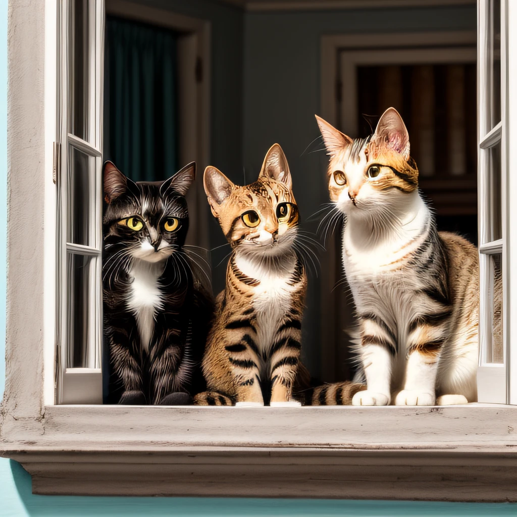 there are three cute cats sitting in a window sill on a building in cuba, they are watching, near a window meeting of the cats, the window is open, cat on a windowsill, window, cute cats, window open, looking in the window, real-life tom and jerry