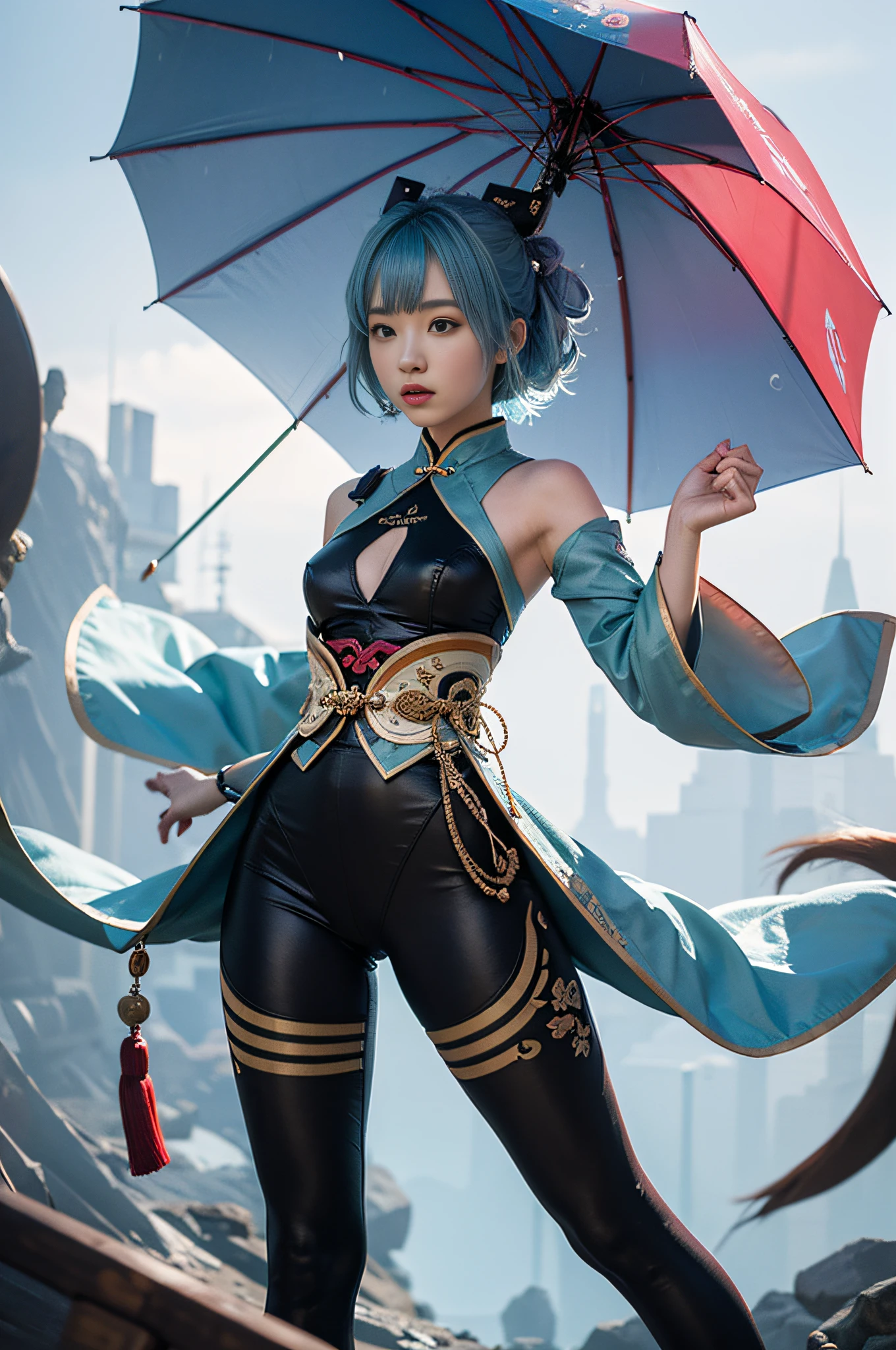 Genshin game character Ganyu,Ganyu in Genshin,Sweet rain,gal girl,Short light blue hair,a horsetail,Leggings,high leotard,