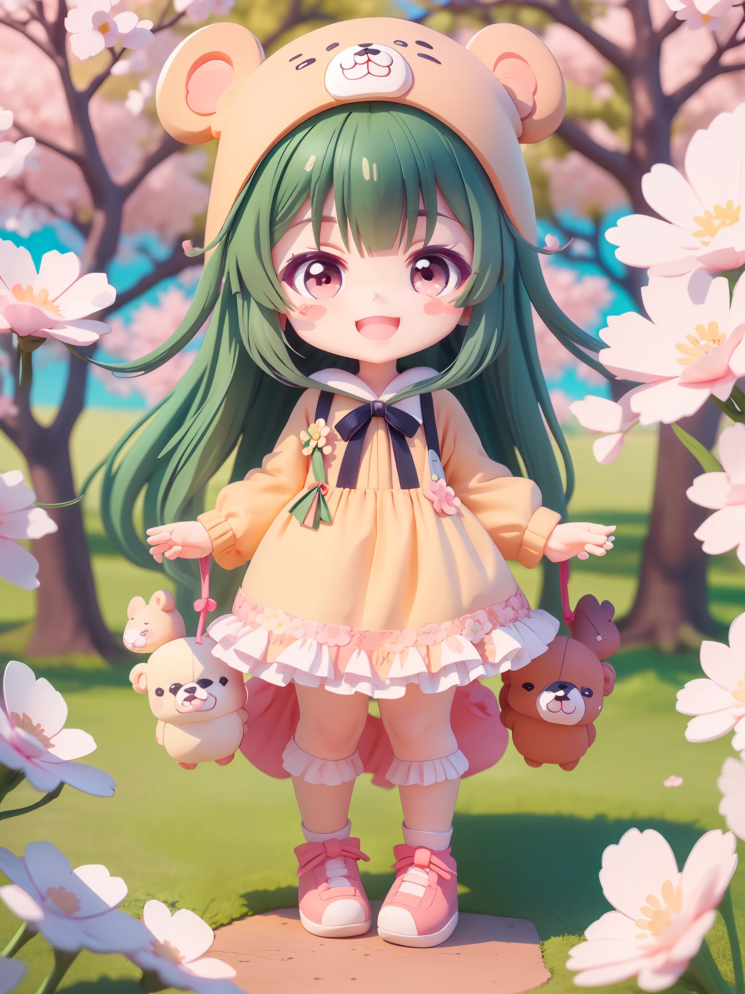 (masterpiece),(best quality),(ultra-detailed), (full body:1.2), 1girl, chibi,cute, smile, open mouth, flower, outdoors, blush, tree, :3, cherry blossoms, blurry, blush stickers, (beautiful detailed face), (beautiful detailed eyes), yuna (kuma kuma kuma bear), bear