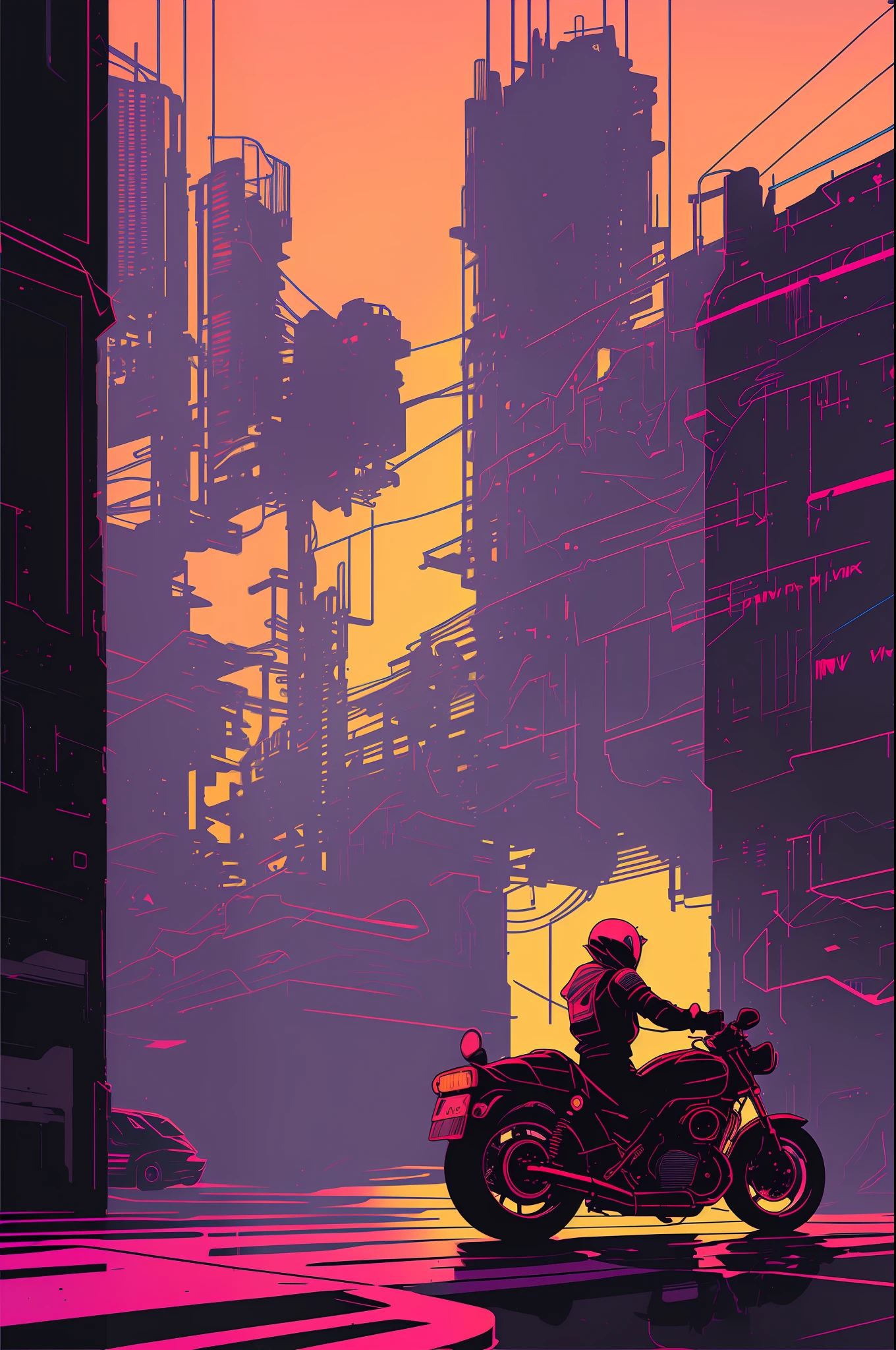 (nvinkpunk:1.2) snthwve style motorcycle, light wave, sunset, intricate, very detailed