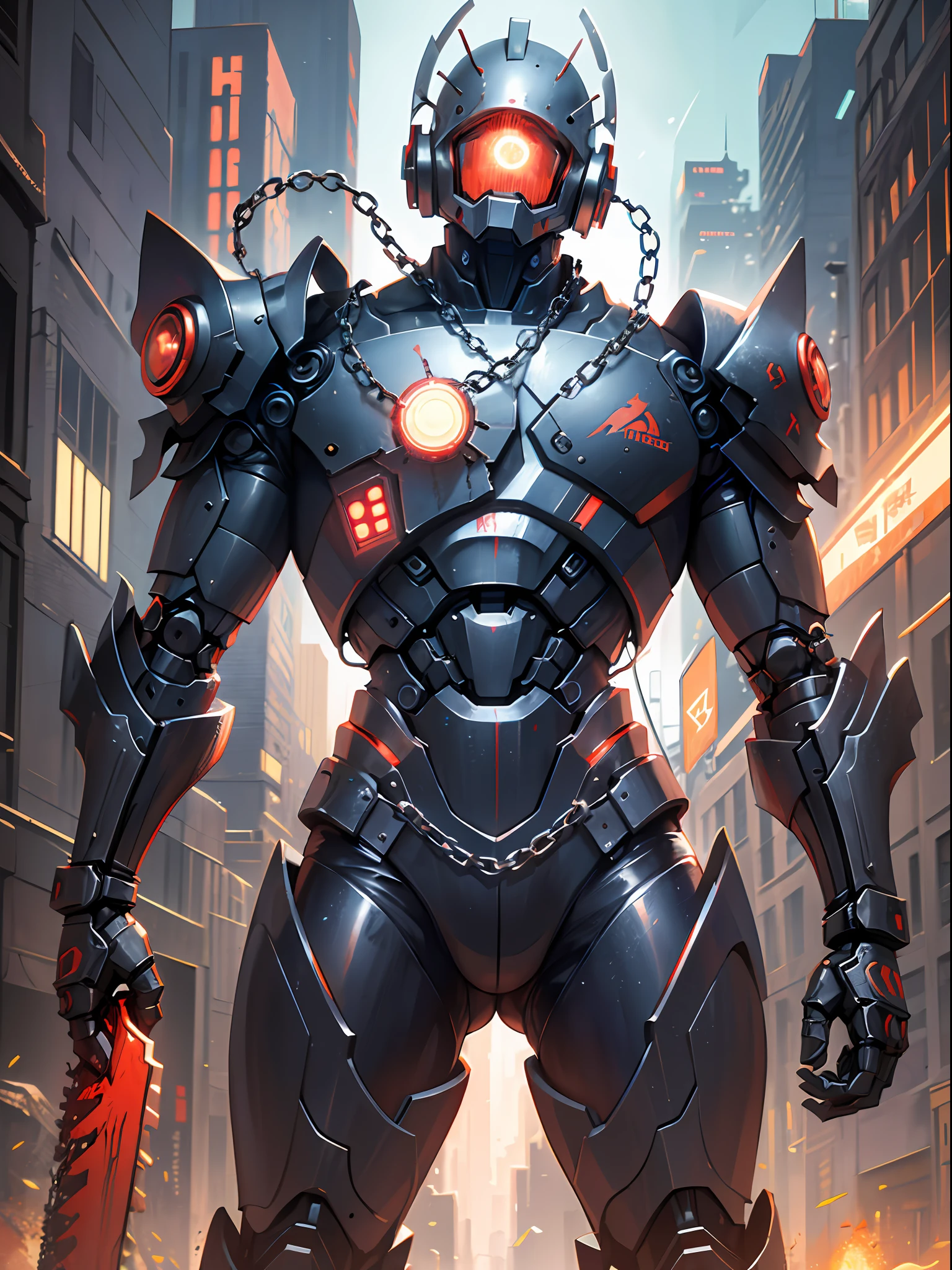 Dark_Fantasy,Cyberpunk,(chain saw,chain saw man,Red:1.1),1man,Mechanical marvel,Robotic presence,Cybernetic guardian, wearing a worn-out mech suit, intricate, (steel metal [rusty]), elegant, clear focus, shot by greg rutkowski, soft lighting, vibrant colors, masterpiece, ((street)), cowboy shot, dynamic pose,