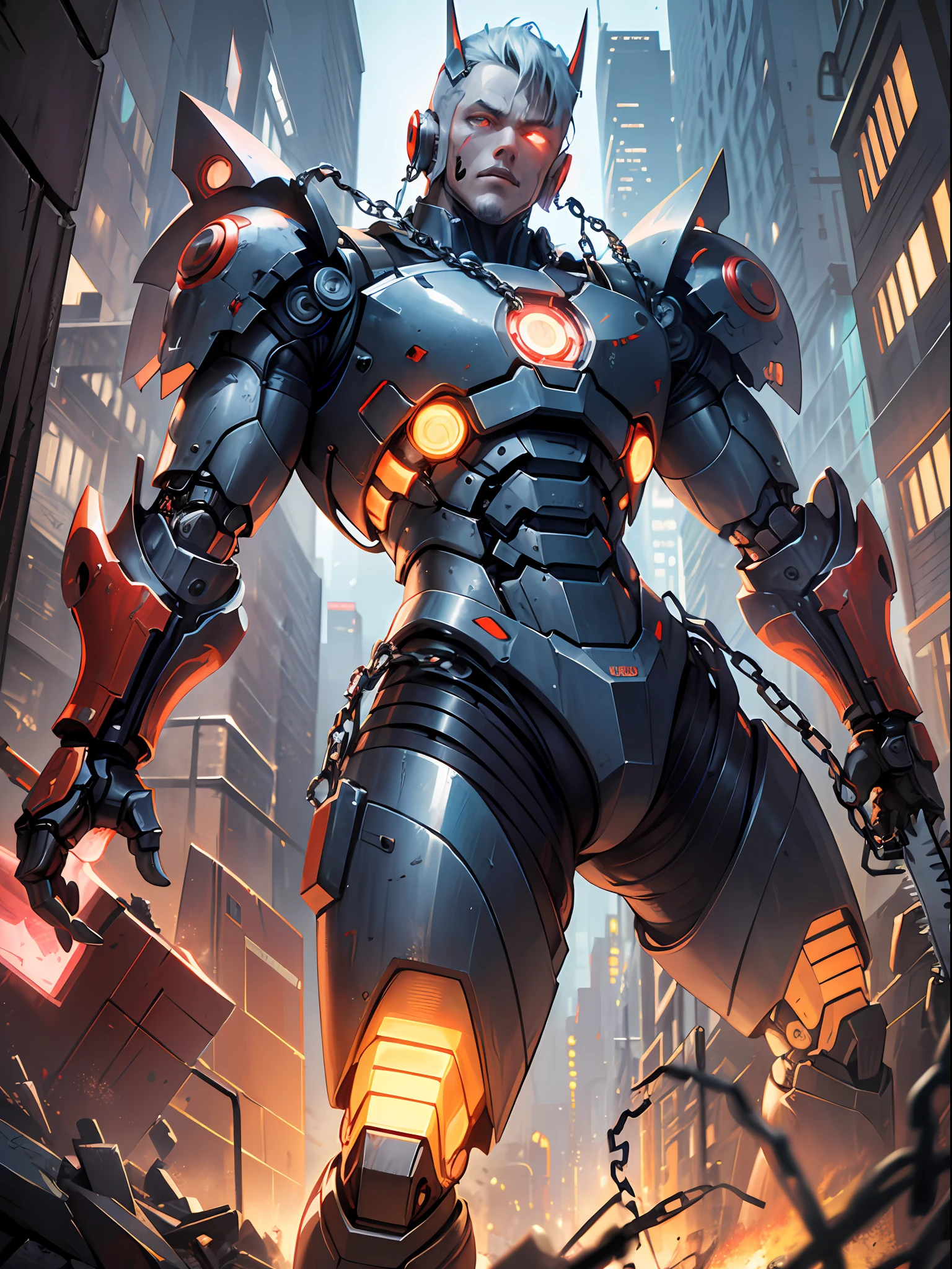 Dark_Fantasy,Cyberpunk,(chain saw,chain saw man,Red:1.1),1man,Mechanical marvel,Robotic presence,Cybernetic guardian, wearing a worn-out mech suit, intricate, (steel metal [rusty]), elegant, clear focus, shot by greg rutkowski, soft lighting, vibrant colors, masterpiece, ((street)), cowboy shot, dynamic pose,