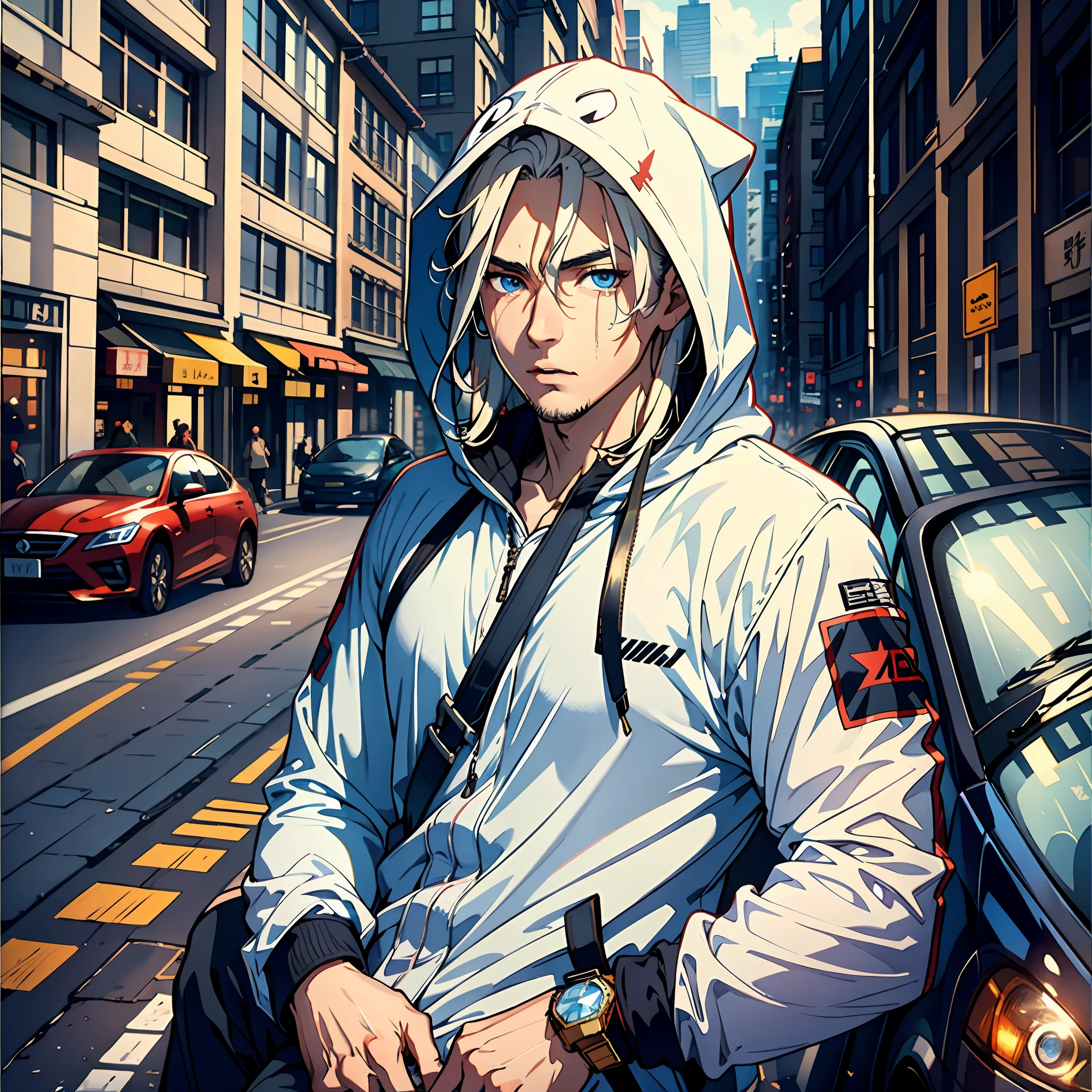 A 25-year-old man,Nice blue eyes,White long hair,sigh, tears, zhangzui,perspire,Sun'rays,Streets,automobile,Hooded storm jacket,sidelighting, Masterpiece of the best quality,8K,intensely detailed,highly quality,high resolucion