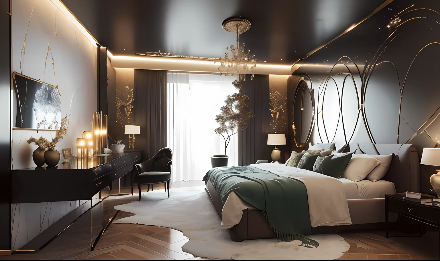 Modern bedroom design, luxurious interior, (high resolution images, Bk, detailed anatomy of each object, super surreal detail, spotlessly beautiful, surreal, spacious space, light full light.