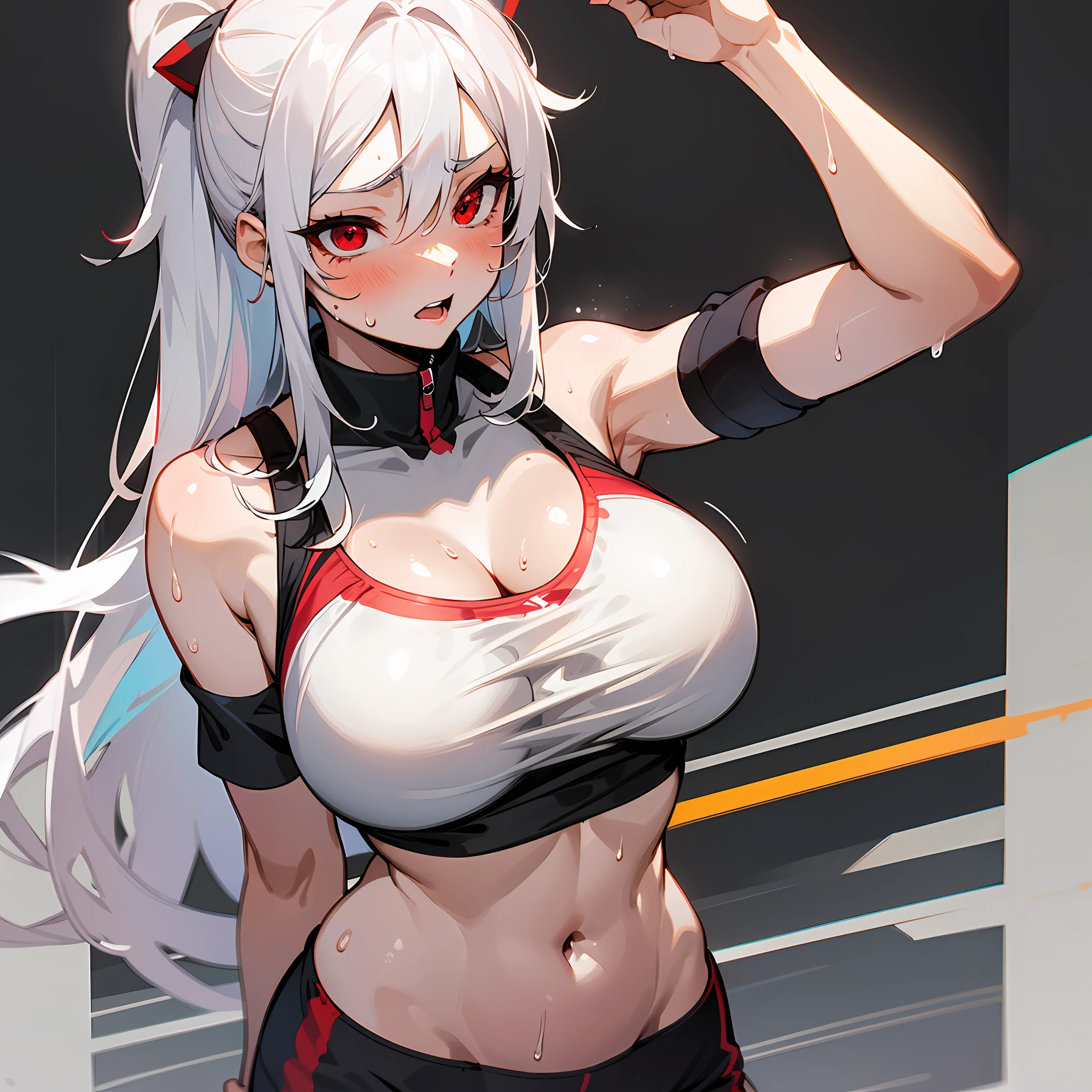 (Pure and minimalist black background),(The girl has red eyes and white hair, Large big tits, 乳頭, Breast coverage, sport underwear, sweat shorts, A distant vista),(Tsundere sexy and energetic style)