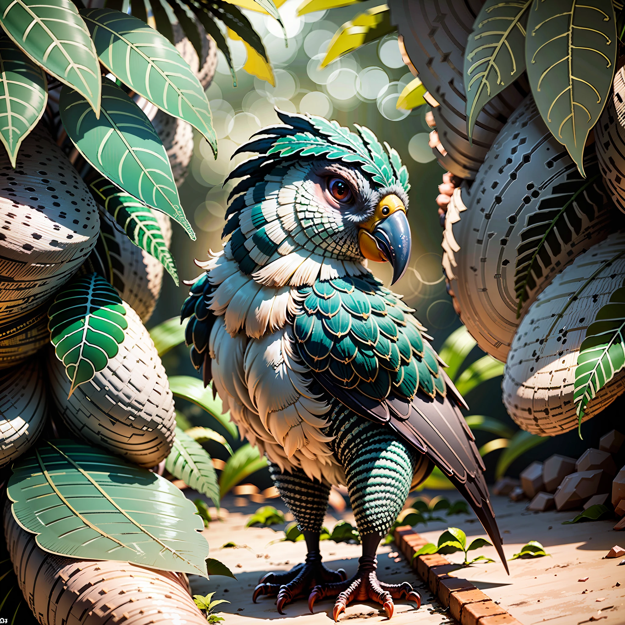 Cacatua, penas coloridas, Facing the camera, staring the camera, detalhe: sentado no meio da folhagem densa tropical, altamente detalhadas intrincadas, ((obra-prima)), Ultra hiper-realista, Masterpiece,,((por Tim Hildebrandt)),,Paradise,,