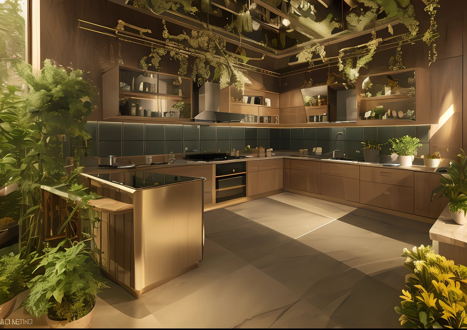 maximalist kitchen with lots of flowers and plants, golden light, award winning masterpiece with incredible details big windows, highly detailed, harper's bazaar art, fashion magazine, smooth, sharp focus, 8k, octane render,