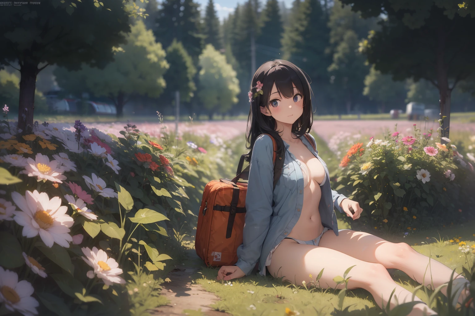 (masterpiece, best quality:1.2), abandoned train, in a flower field, 1girl, no panties, bottomless, open shirt, sitting by a train, warm, summer, vibrant colors, best lighting, best shadows