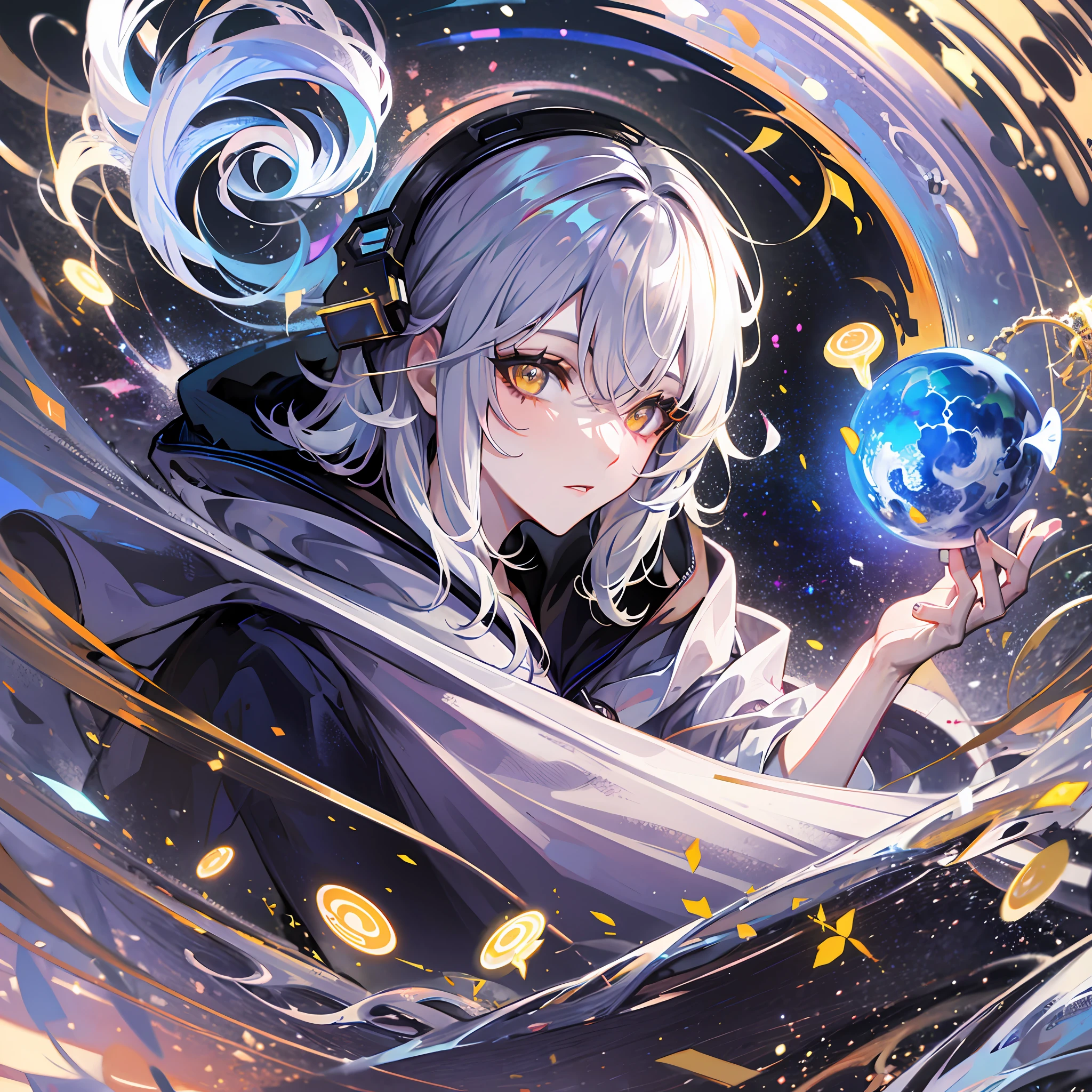 Silver lush hair,Pale yellow eyes,schoolboy,(White simple robe)God of the space,Space elements,Eyes gaze,Pay attention to detail,HighestQuali,Handsome,