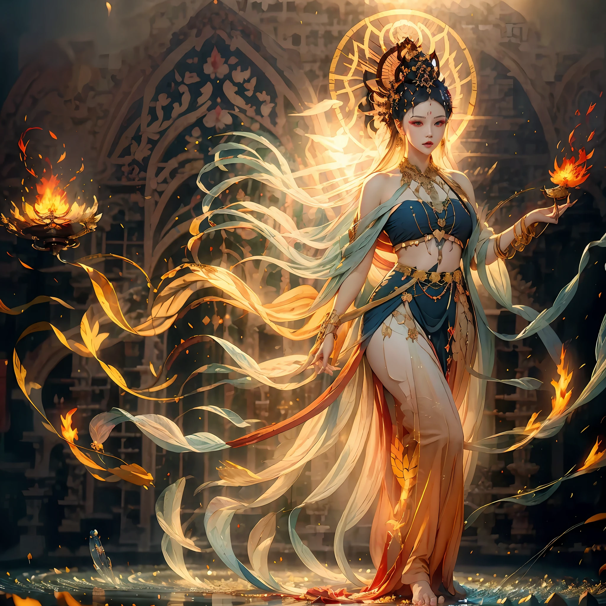 A woman in bizarre costume holding a fiery wand，Full close-up, Standing barefoot in a disc on the water，Fire in the hands，A circle of fire is raging around the body，Mysterious red flame，The background is the world of ice，It's all castles made of ice，A house built with ice，Endless icicles，Wacky ice building，Dark blue light，Spooky atmosphere，Towering spires，Mysterious atmosphere，Art germ on ArtStation Pixiv, Goddess of Light, IG model | Art germ, anime goddess, beautiful celestial mage, white haired deity, cushart krenz key art feminine, a beautiful fantasy empress, concept arts | Art germ, Artgerm style