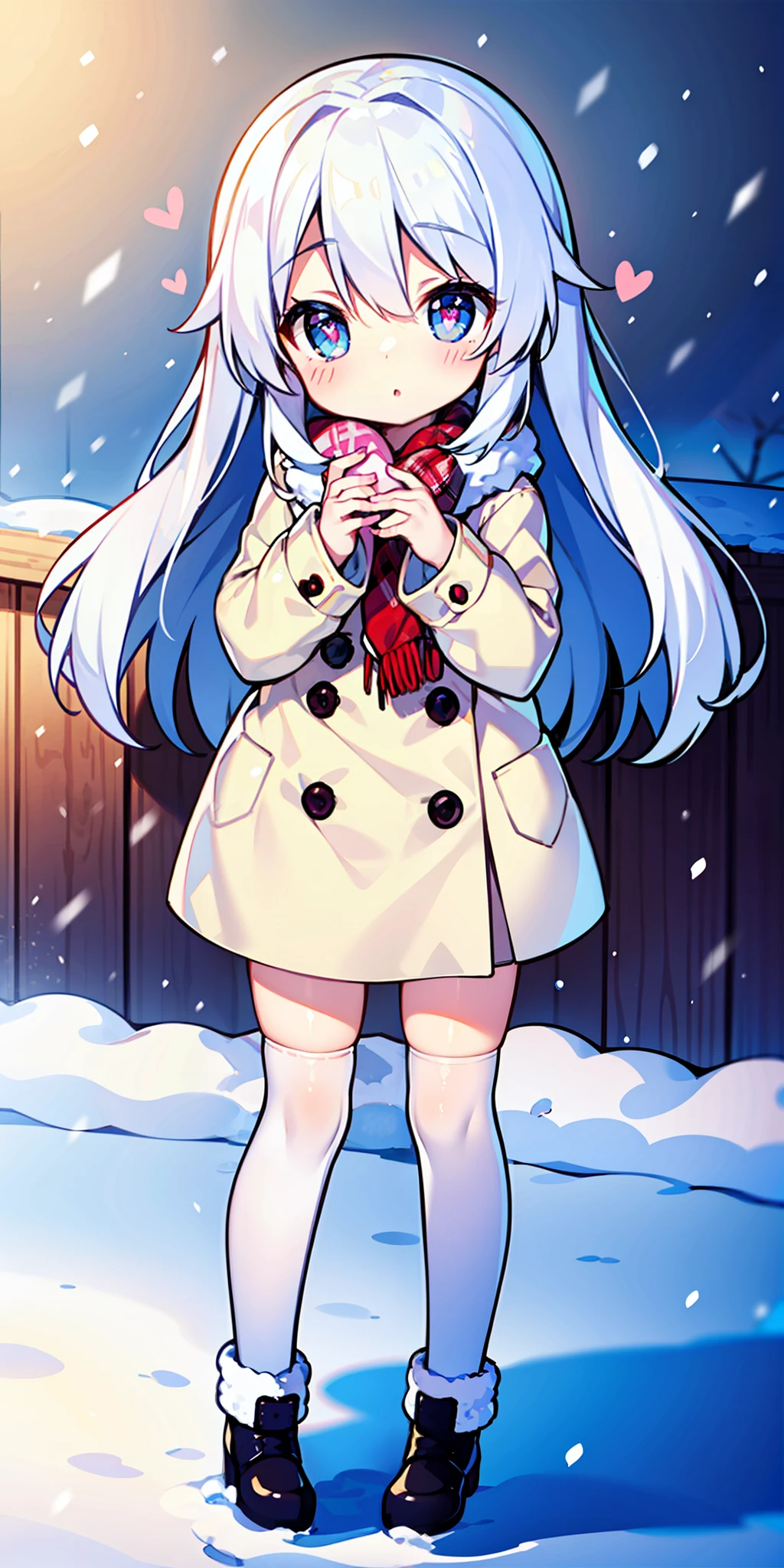 Loli, long hair, cute, heart-shaped pupils, solo, white hair, blush, winter, snow, outdoors, white stockings, standing