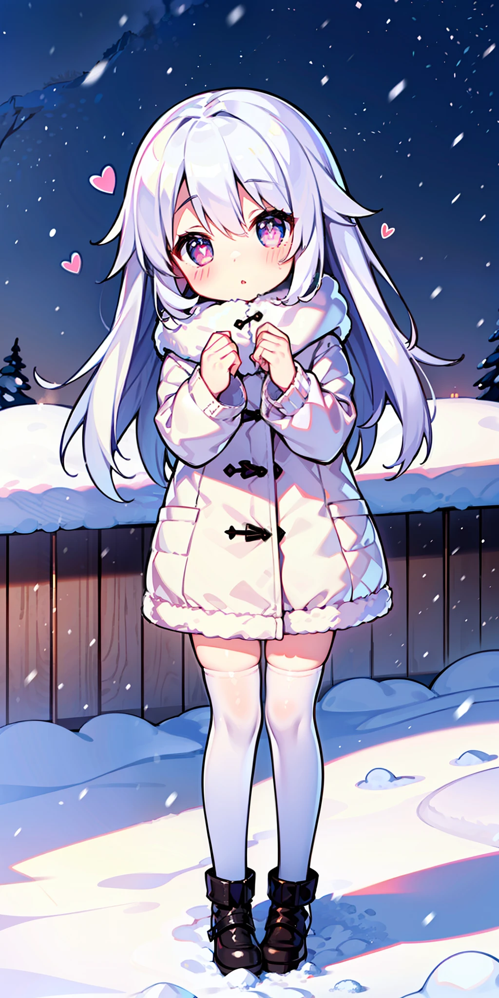 , long hair, cute, heart-shaped pupils, solo, white hair, blush, winter, snow, outdoors, white stockings, standing