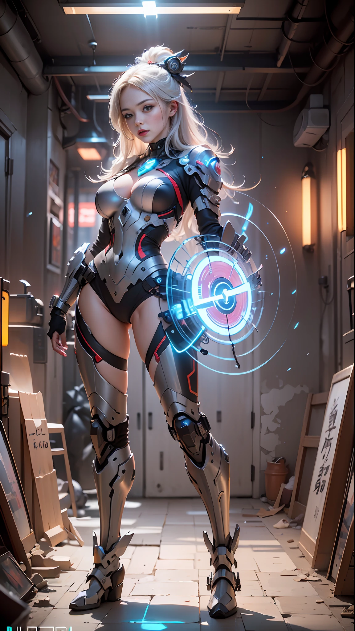 ((最佳质量)), ((nmasterpiece)), (intensely detailed: 1.3), Ikaruvarkyri mecha, Beautiful cyberpunk woman, sexly,Chef-style armor, Movie poster composition,Ancient technology, hdr(High dynamic range), raytraced, NVIDIA RTX, hyper resolution, Unreal 5, sub-surface Scattering, PBR textures, Post-processing, Anisotropic filtration, deep of field, Maximum sharpness and acutance, multi-layer texture, Specular and albedo maps, Surface Coloring, Accurate simulation of light-material interactions, perfectly proportioned,octane rendered,duotone lighting,Low ISO,White balance,trichotomy,Large aperture,8K raw data,high efficiency subpixels,sub-pixel convolution,light particules,Light scattering,tyndalleffect,Very sexy,A full body,Fighting posture,