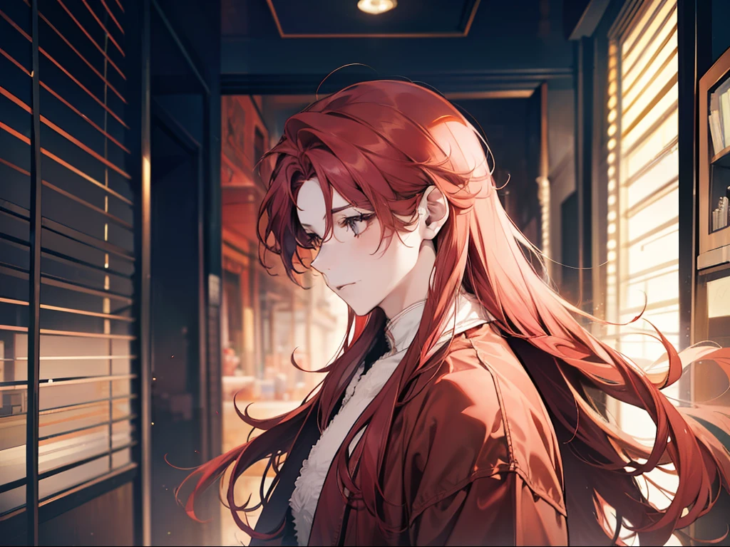 A guy,red tinted hair,long haired,Handsome-looking,Wear bathrobes