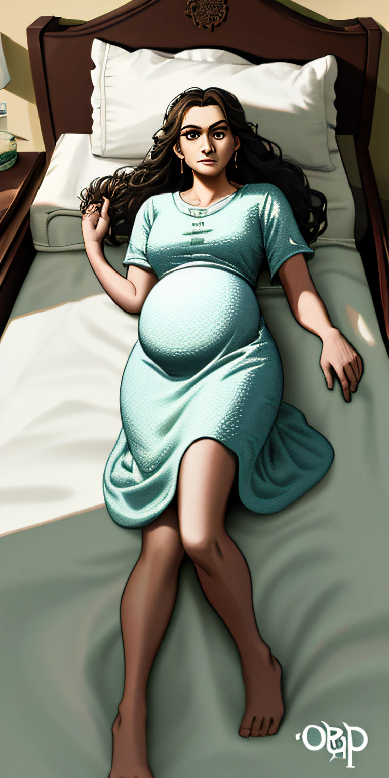 (obra-prima, melhor qualidade), A woman lying in bed is giving a difficult birth, com tres empregadas ajudando ela.