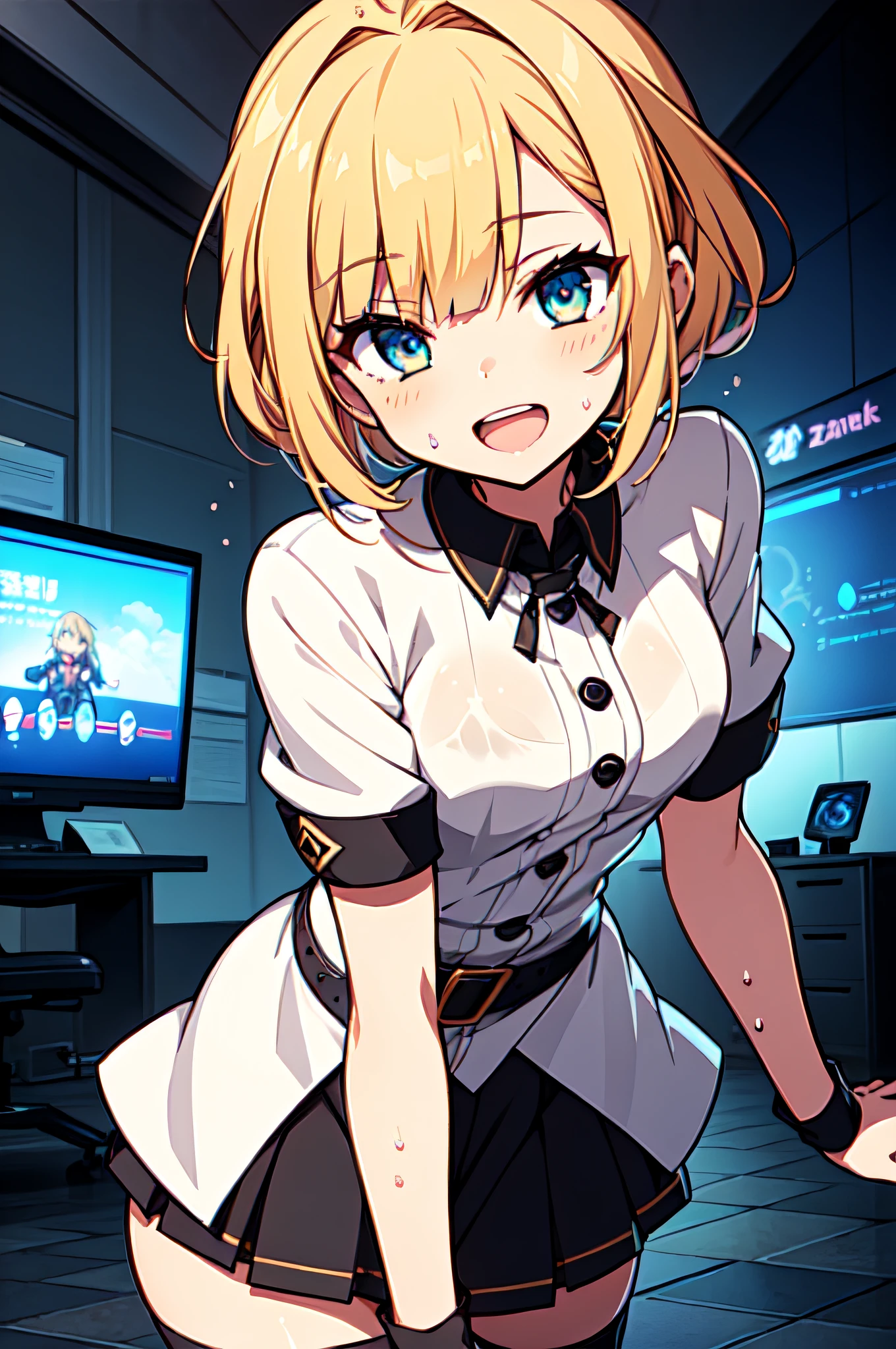 master piace, best  quality,ultra detaild,8K_wall paper,(beautifuleyes),((a Pretty)),(Wonderful),(erotick),anime moe art style,1girls,Solo,,Mini skirt,1girls,,a blond,shirts,short-hair,,Dutch Angle,cowgirl position,Small breasts,,(((zettai ryouiki))),Wet T-Shirt:1.5,Short sleeves,Open mouth,double tooth,Video games in the room,smile