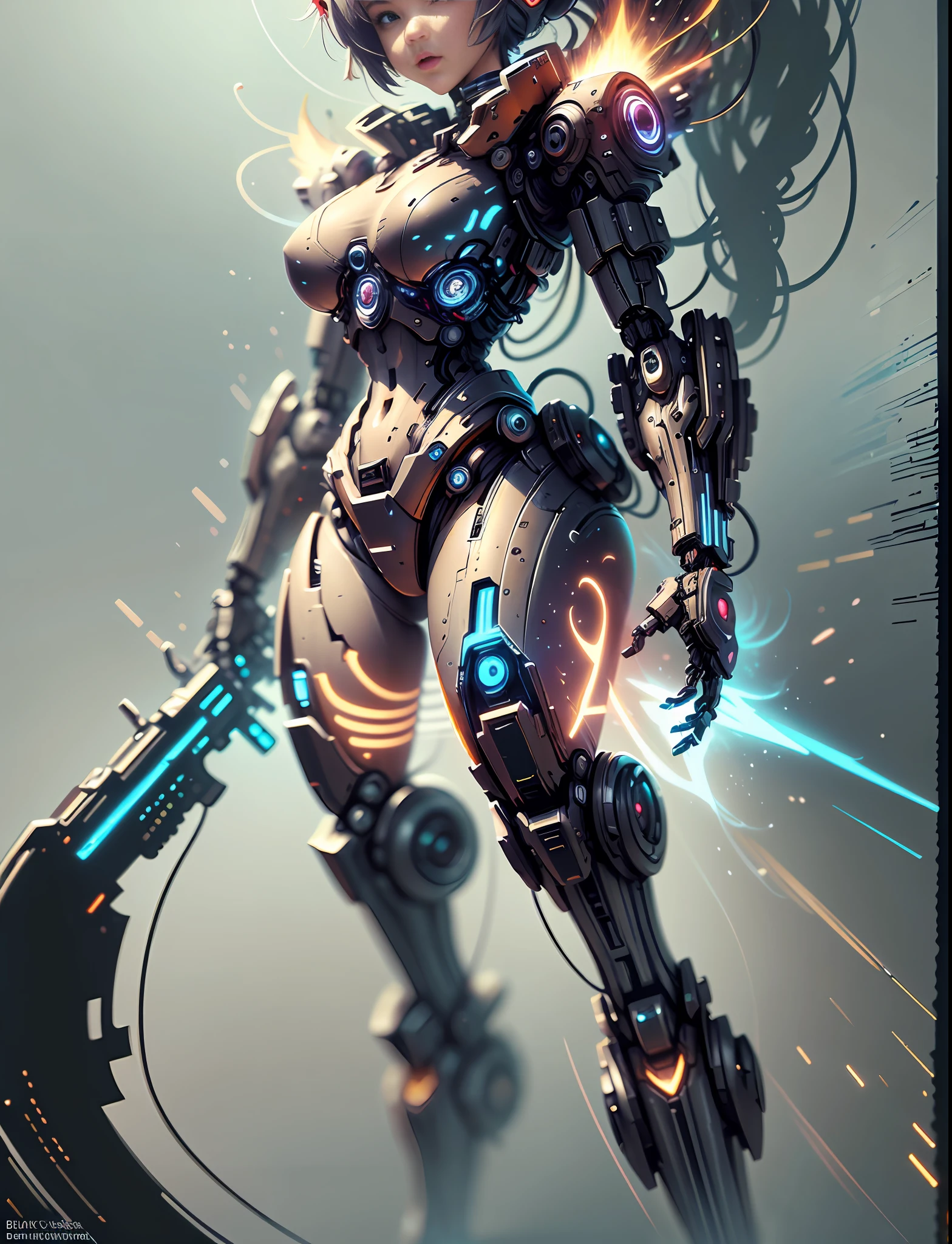 Character sheet, a close up of Reika Shimohira as a Nekomata catgirl in a cat suit with a gun, full body, front and back view, digital cyberpunk - anime art, digital cyberpunk anime art, cyberpunk anime girl mech, fully robotic!! catgirl, digital cyberpunk anime!!, deviantart eka's portal, mechanized art concept, mechanized valkyrie girl, beautiful robot character design, official fanart behance hd, cyberpunk art style