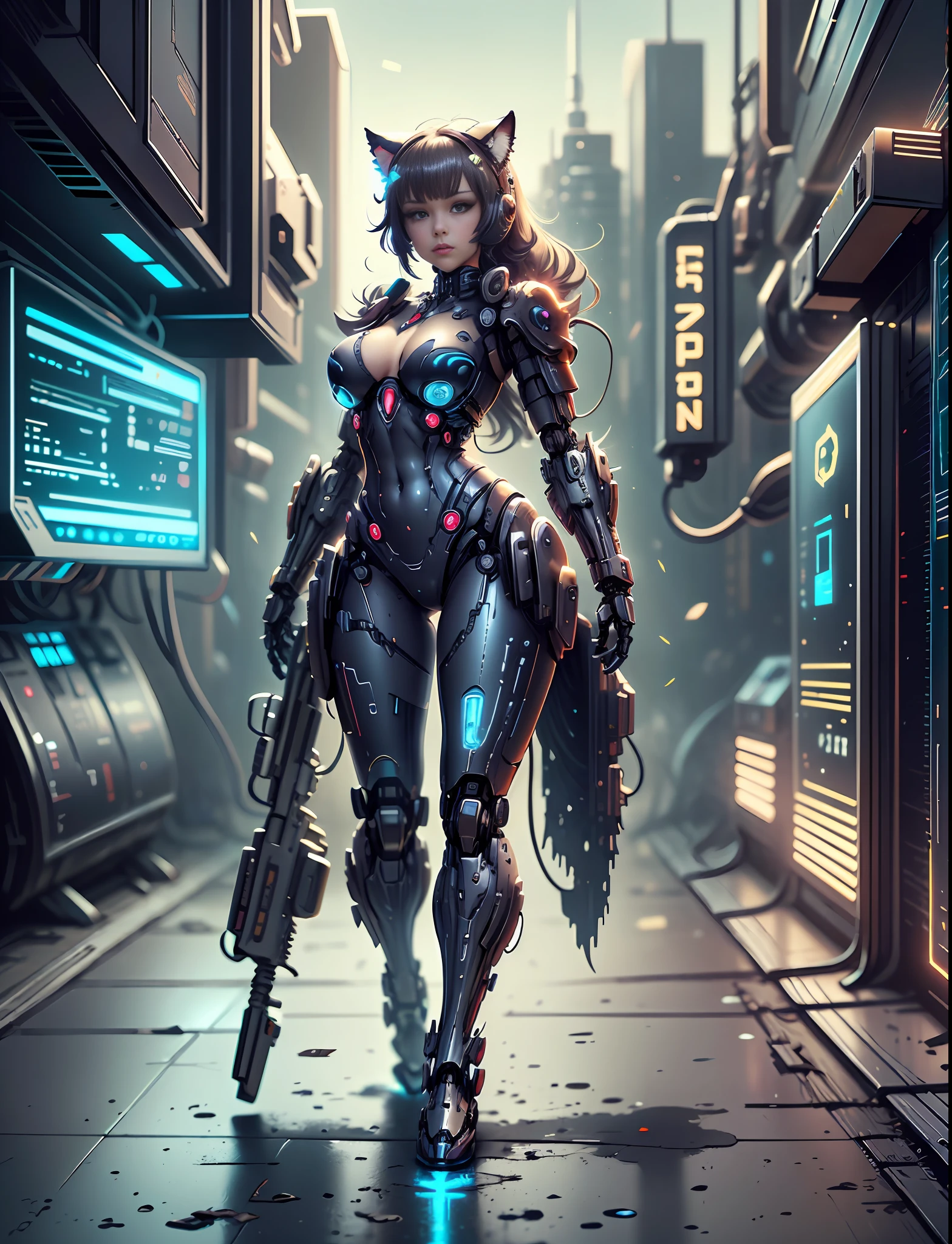 Character sheet, a close up of Reika Shimohira as a Nekomata catgirl in a cat suit with a gun, full body, front and back view, digital cyberpunk - anime art, digital cyberpunk anime art, cyberpunk anime girl mech, fully robotic!! catgirl, digital cyberpunk anime!!, deviantart eka's portal, mechanized art concept, mechanized valkyrie girl, beautiful robot character design, official fanart behance hd, cyberpunk art style