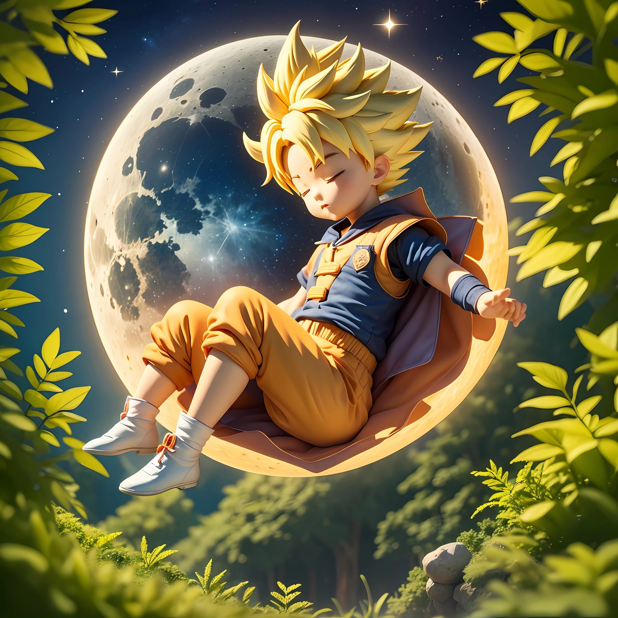 full body，chibi， boy sleeping，son goku，SuperSaiyan，As estrelas，lune，lakes，forested，夜晚，