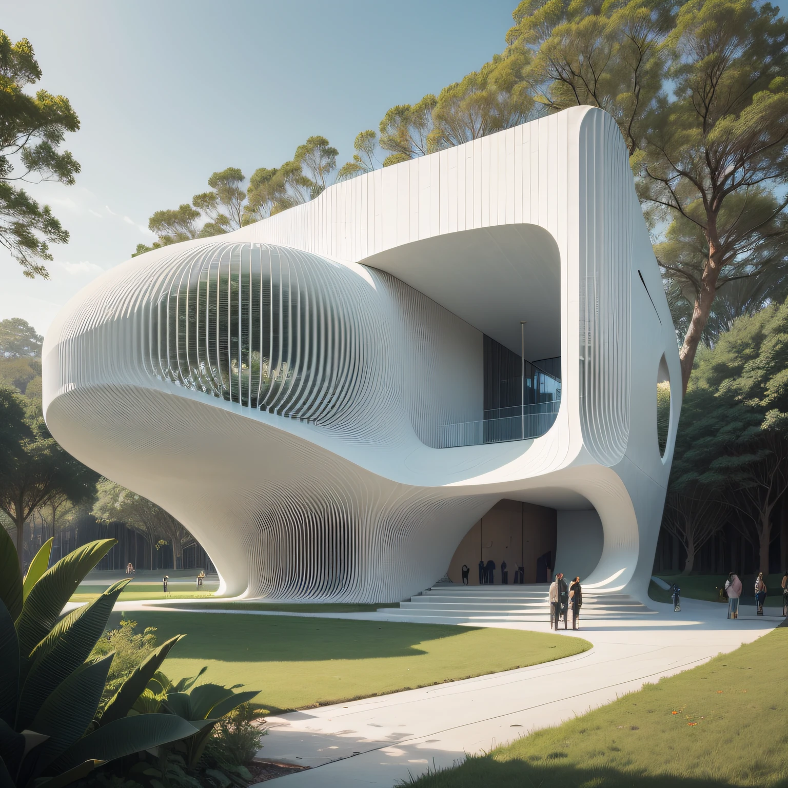 Um museu modeno, futuristic white concrete, com muito vidro na floresta, por Tadao Ando, organic form — ar 16:
