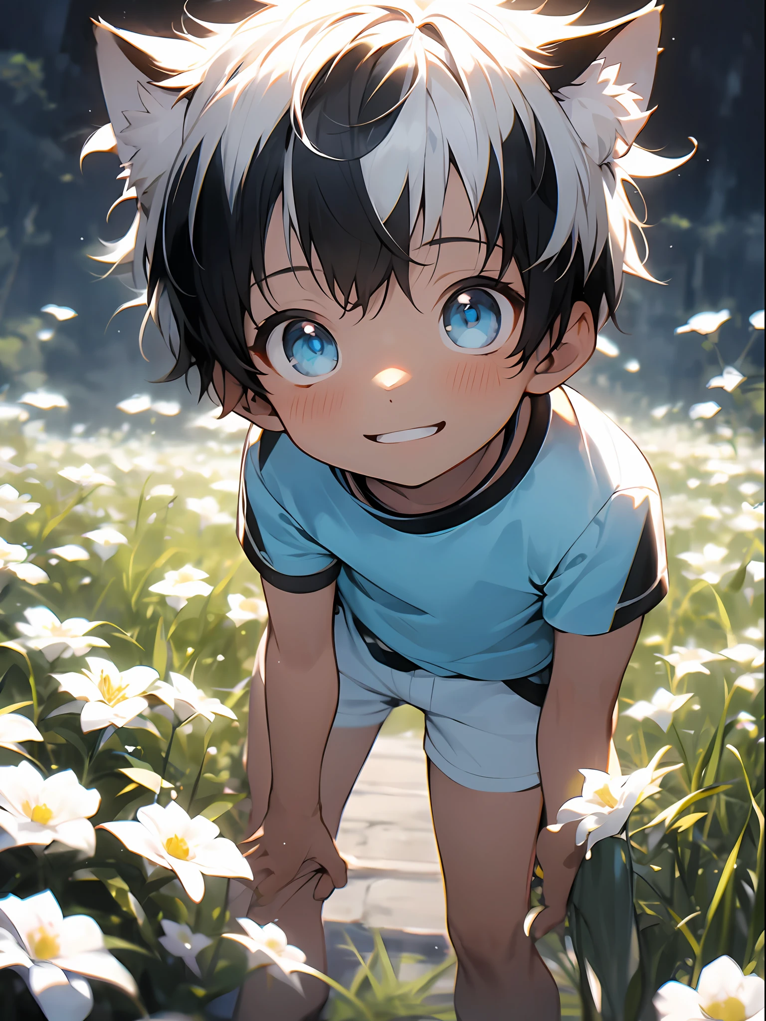 Shota，Black and white hair，ddlers，Blue eyes，cat ear ，Q version， Cutes， to stand， Master masterpieces， high resolucion，8K，detailedbackground，highly quality，Libido boy，独奏，shortpants，grass field，White flowers，Happy expression，close-ups，Transparent short sleeves