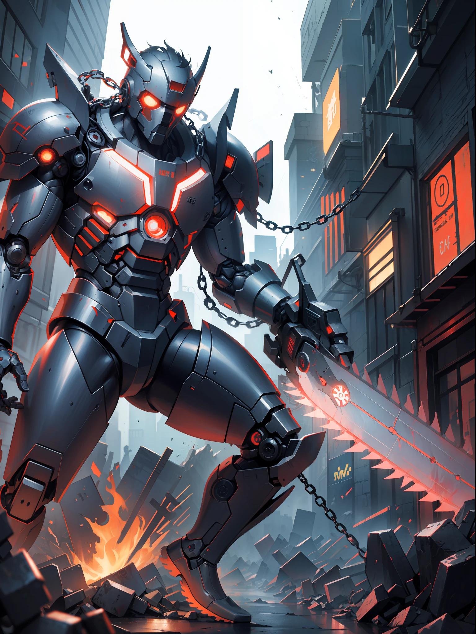 Dark_Fantasy,Cyberpunk,(chain saw,chain saw man,Red:1.1),1man,Mechanical marvel,Robotic presence,Cybernetic guardian, wearing a worn-out mech suit, intricate, (steel metal [rusty]), elegant, clear focus, shot by greg rutkowski, soft lighting, vibrant colors, masterpiece, ((street)), cowboy shot, dynamic pose,epic realistic,