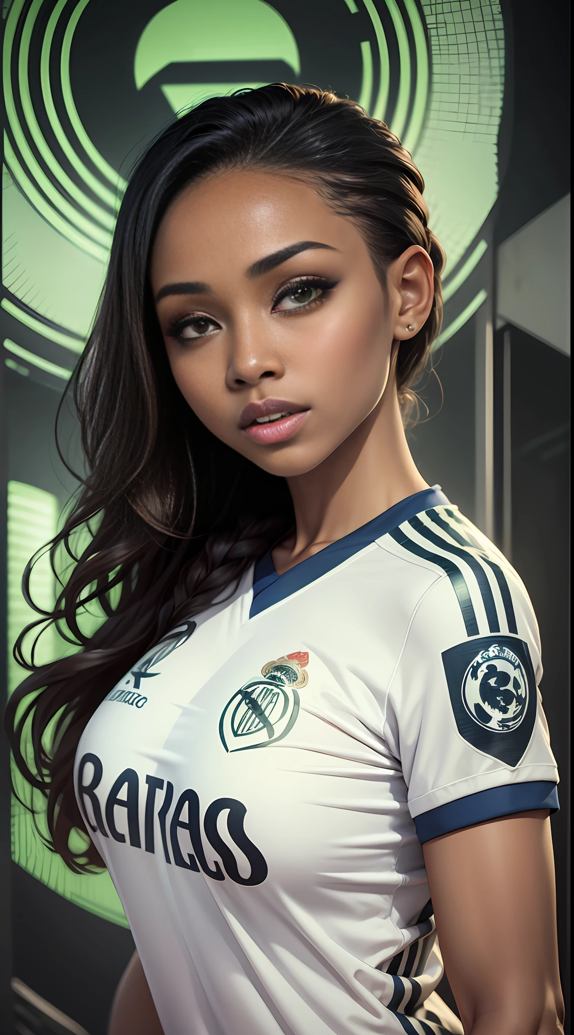 Face of African american girl, green eyes,fleshy coca,long and smooth callels,with real madrid shirt,big breasts,16k raw,realistic at night --auto --s2