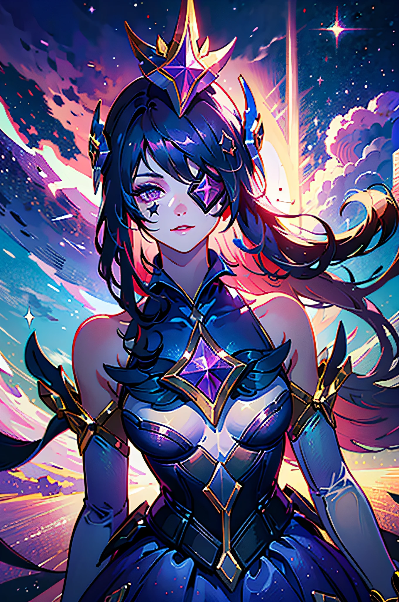 (Masterpiece:1.2), best quality, (illustration:1.2), star guardian syndra, 1girl, eyepatch, hair ornament, frilled skirt, dress, upper body, potrait