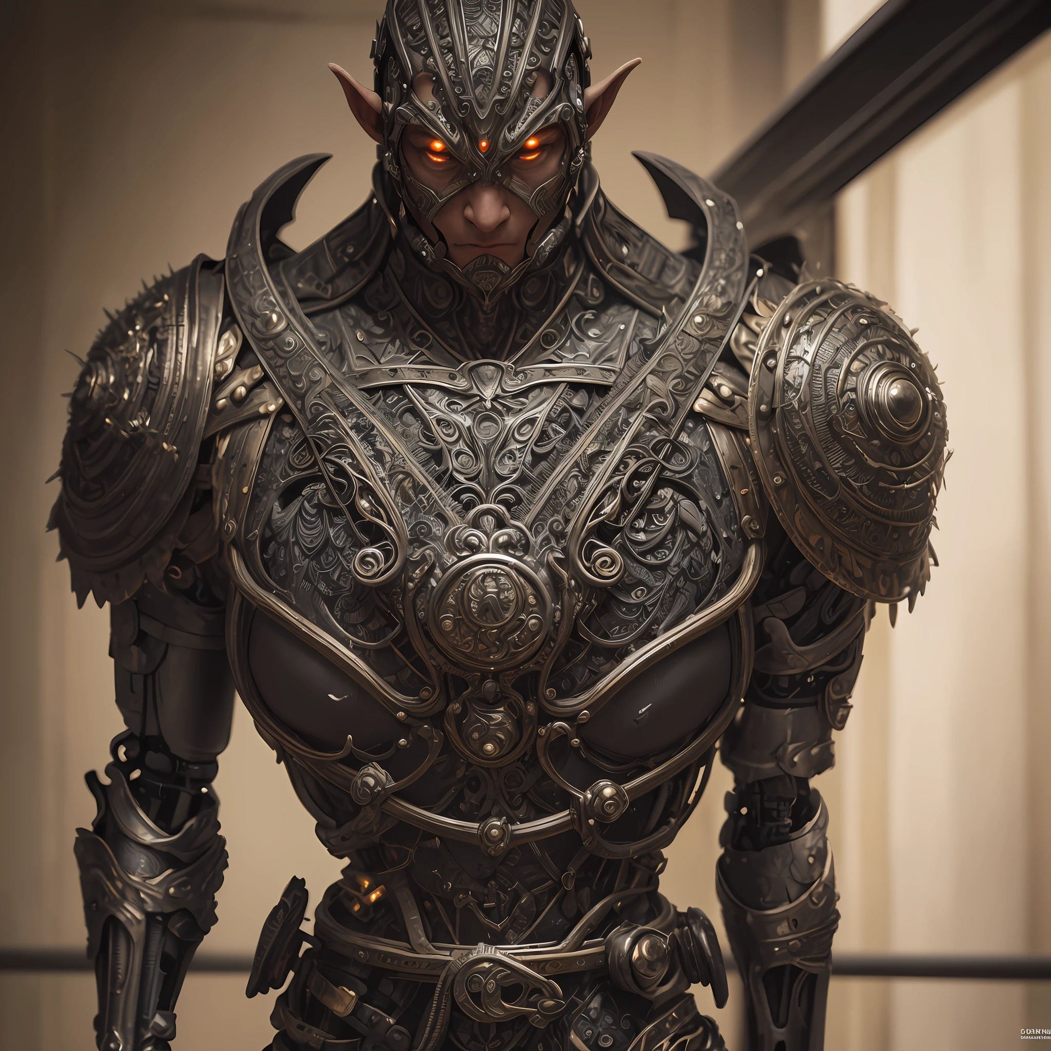 The Goblin and the Elf, 独奏, The whole body is made of metal, (A cyborg:1.1), ([tail | Detailed wire]:1.3), (intricate detail), HDR, (intricate detail, hyper-detail:1.2), Cinematic Frame, vignette, in the center, “Hyper-realistic textures," "Exact Details,” “Realistic still life,” “Realistic portraits,” “Realistic landscapes."