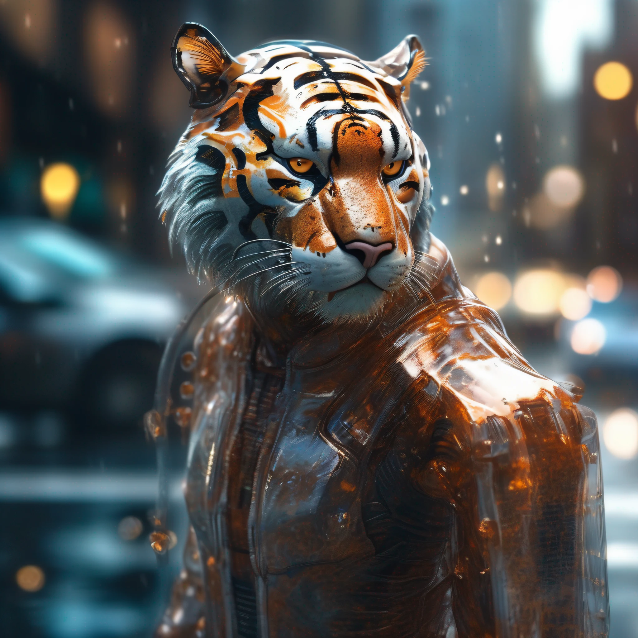 Portrait photo of transparent camouflage wearing mech suit，（（Light bokeh）），sophistication，（（semi transparent）Liquid water [Rust]），elegantly，Clear focus，Photo by Greg Rutkowski，subdued lighting，Bright color，nmasterpiece，（（Streets） )), Detailed tiger，Future Tiger Commander